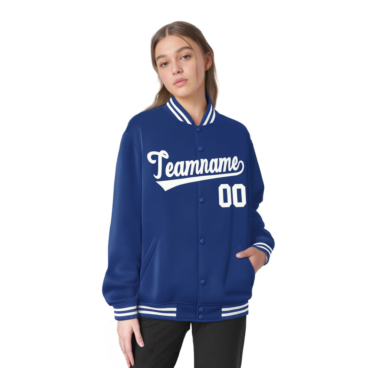 Custom Sky-Blue White Bomber Full-Snap Varsity Letterman Jacket