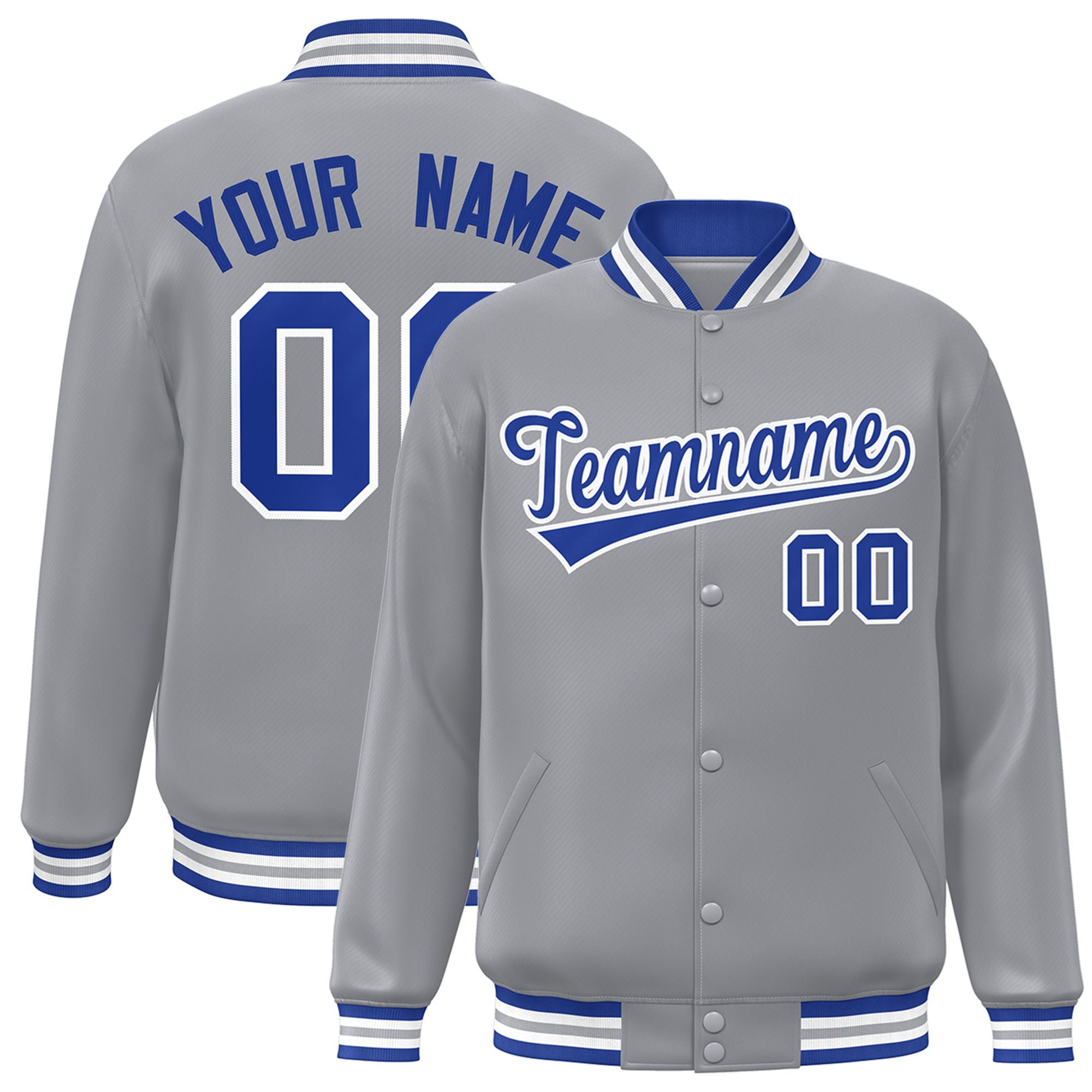 Custom Gray Blue-White Bomber Full-Snap Varsity Letterman Jacket