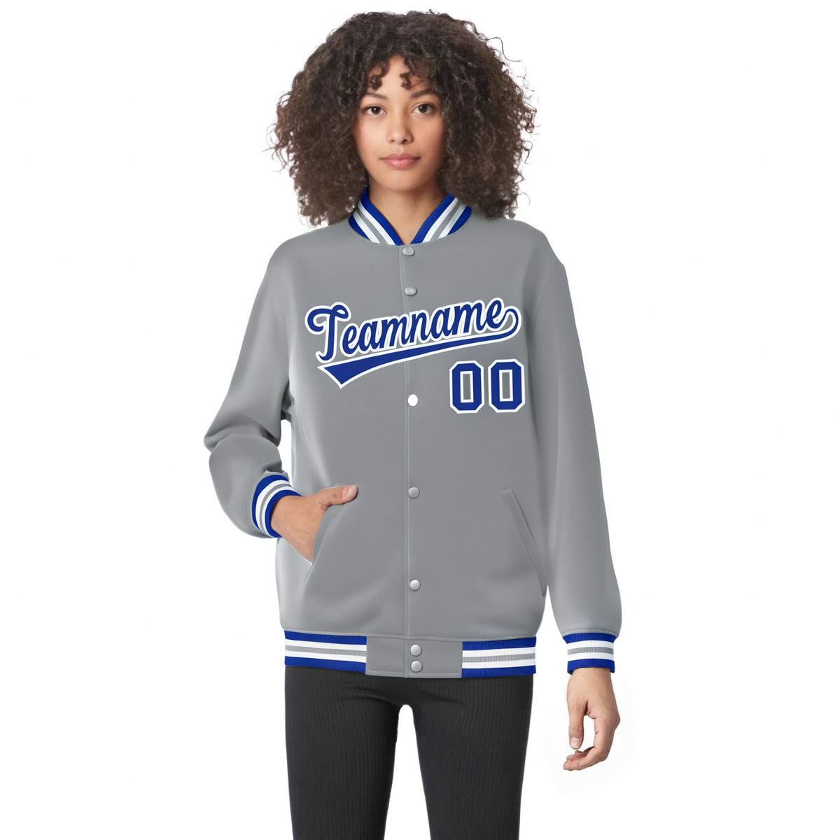 Custom Gray Blue-White Bomber Full-Snap Varsity Letterman Jacket