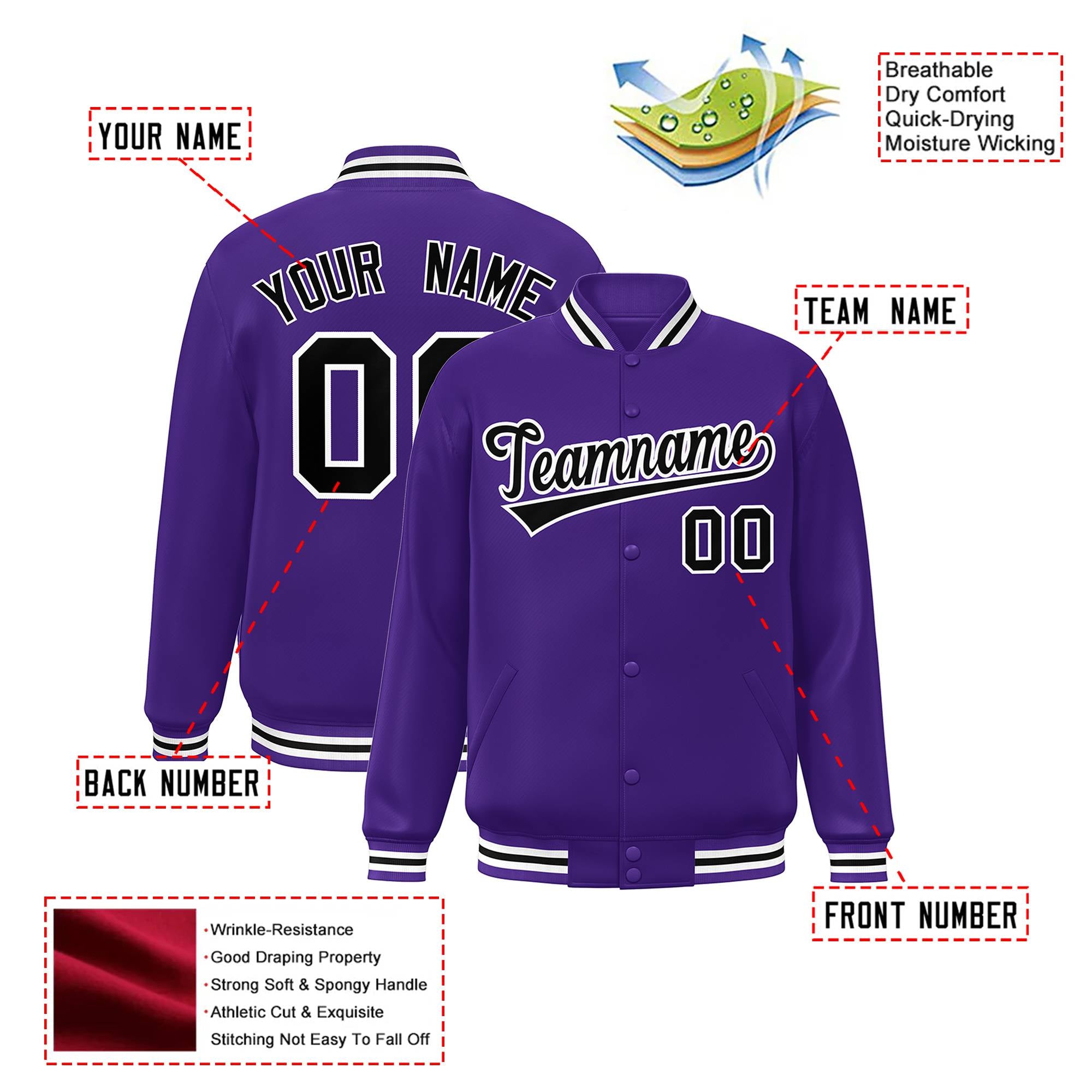 Custom Purple Black-White Bomber Full-Snap Varsity Letterman Jacket