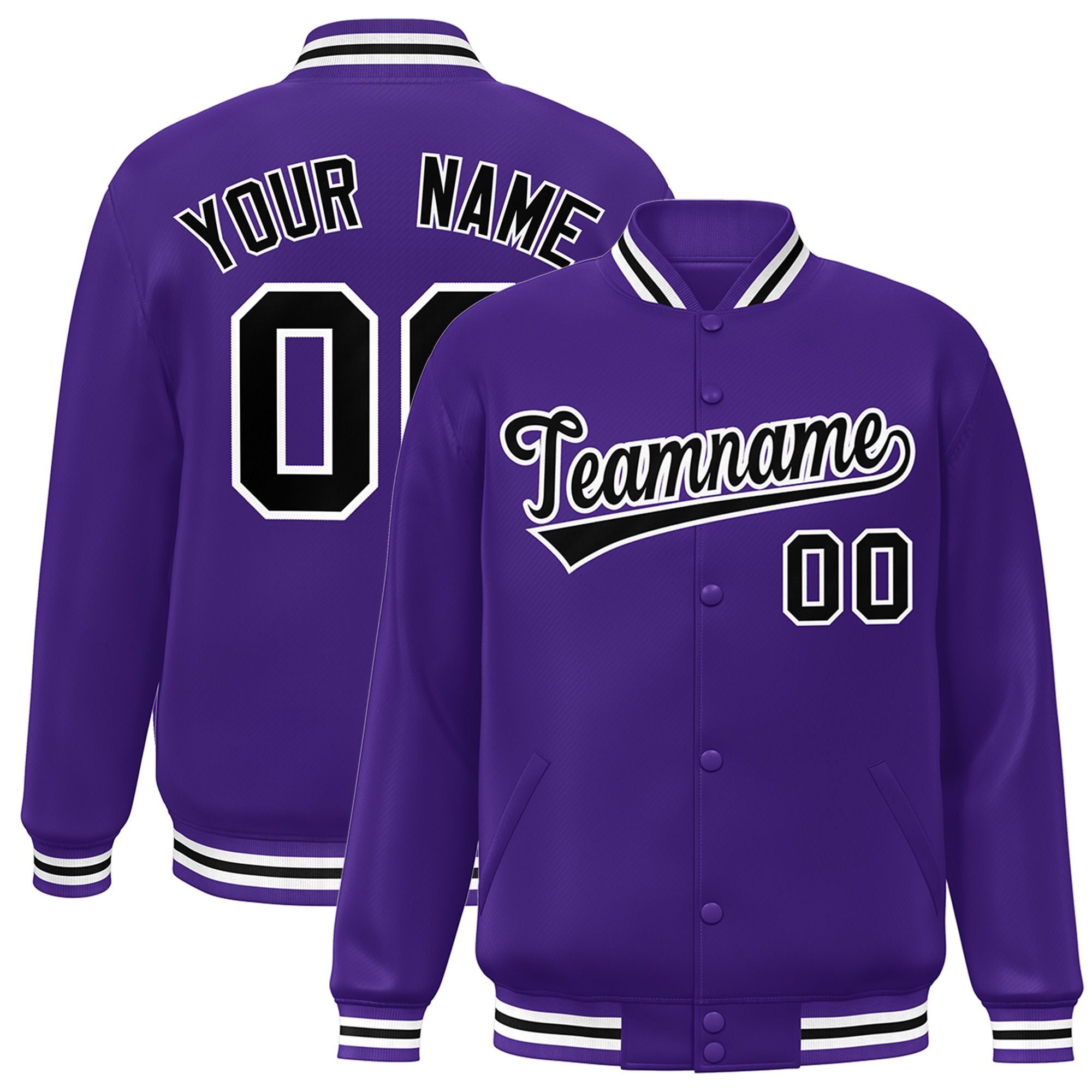 Custom Purple Black-White Bomber Full-Snap Varsity Letterman Jacket