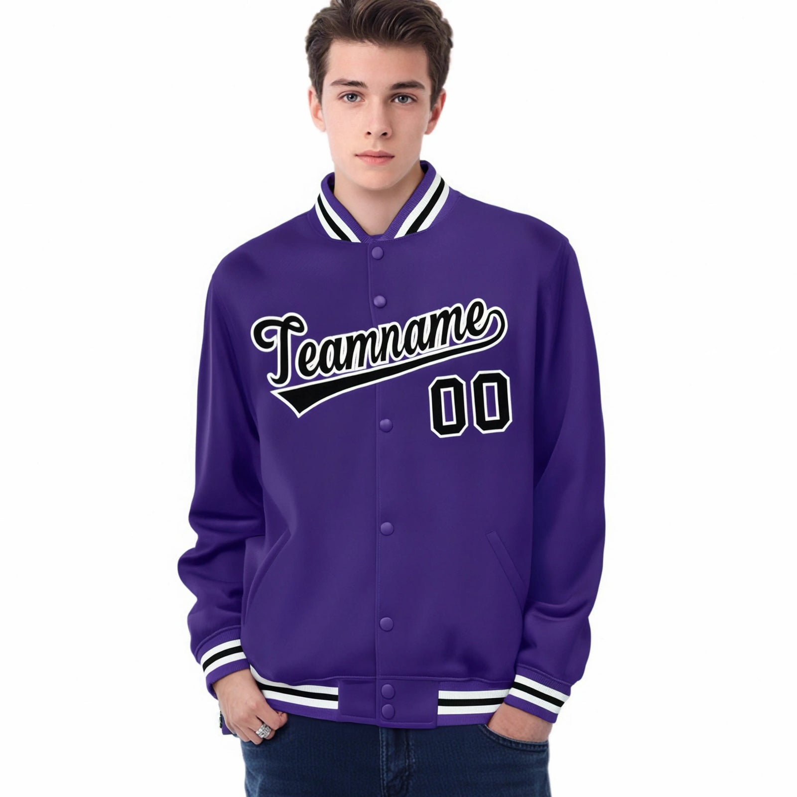 Custom Purple Black-White Bomber Full-Snap Varsity Letterman Jacket