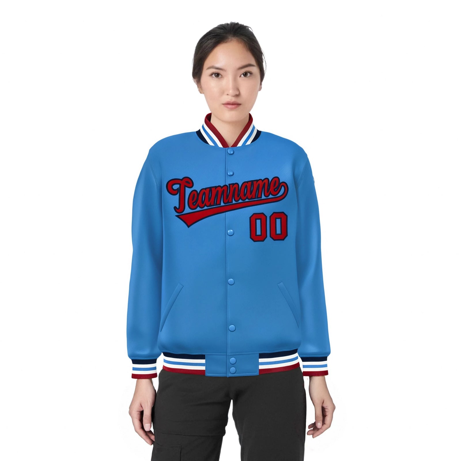 Custom Light Blue Red-Black Bomber Full-Snap Varsity Letterman Jacket