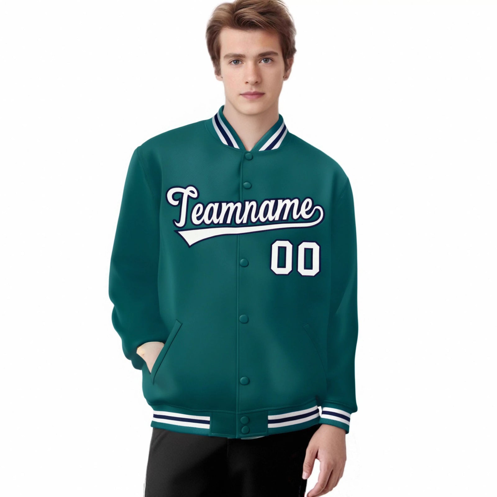 Custom Aqua Gray-Navy Bomber Full-Snap Varsity Letterman Jacket