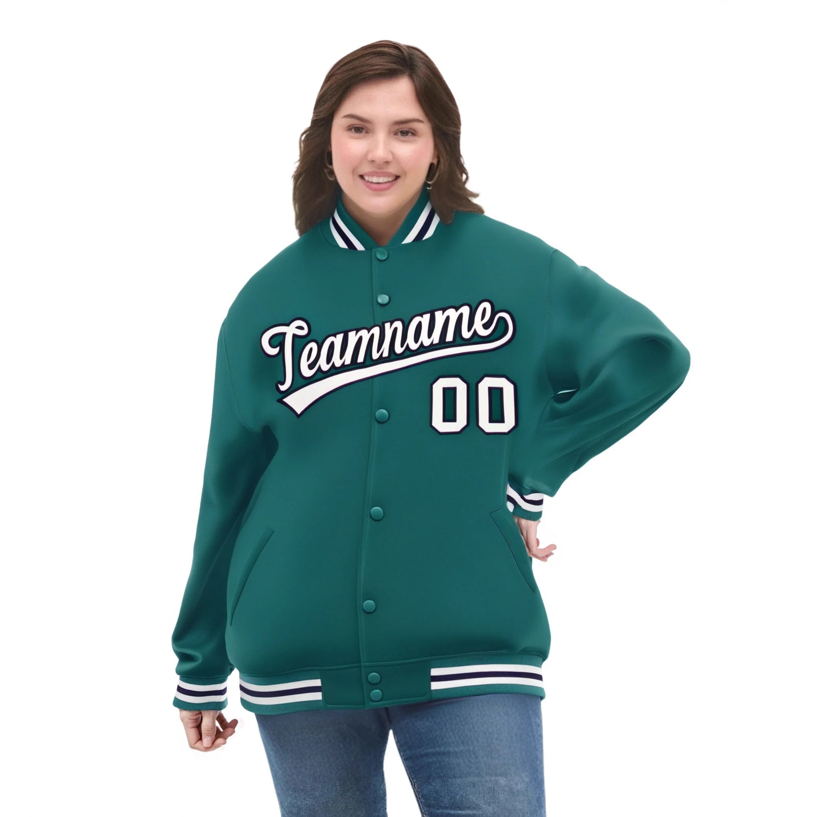 Custom Aqua Gray-Navy Bomber Full-Snap Varsity Letterman Jacket