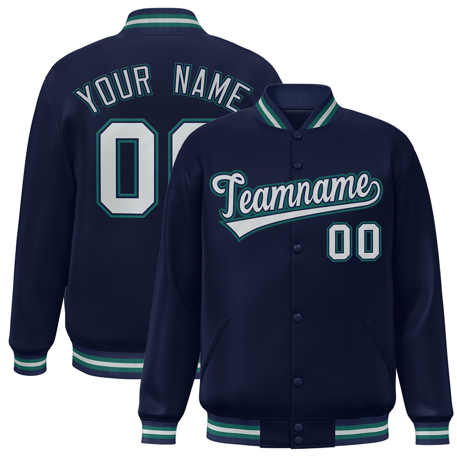 Custom Navy Gray-Aqua Bomber Full-Snap Varsity Letterman Jacket