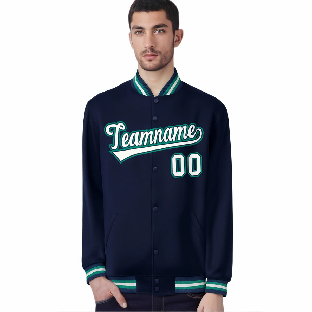 Custom Navy Gray-Aqua Bomber Full-Snap Varsity Letterman Jacket