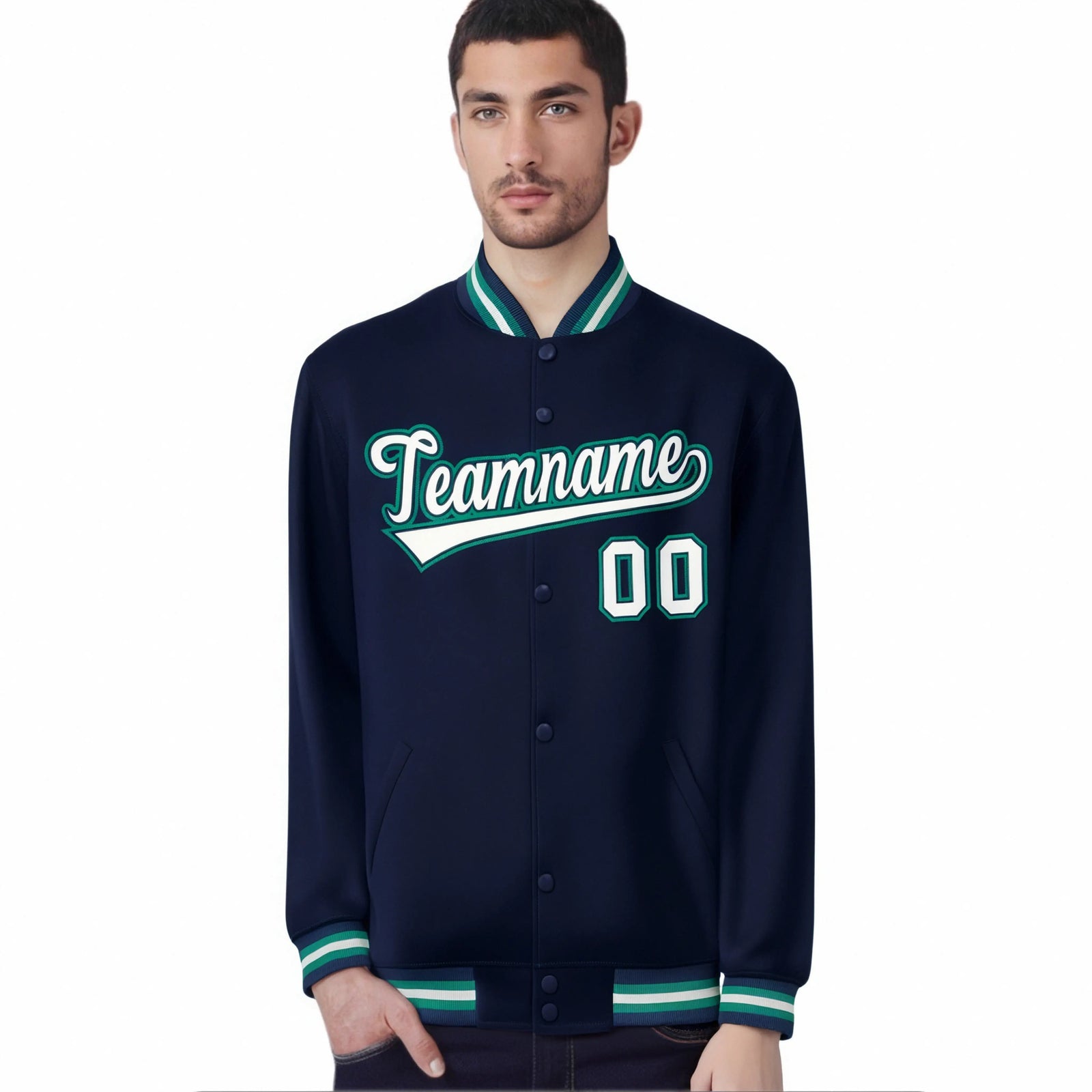 Custom Navy Gray-Aqua Bomber Full-Snap Varsity Letterman Jacket