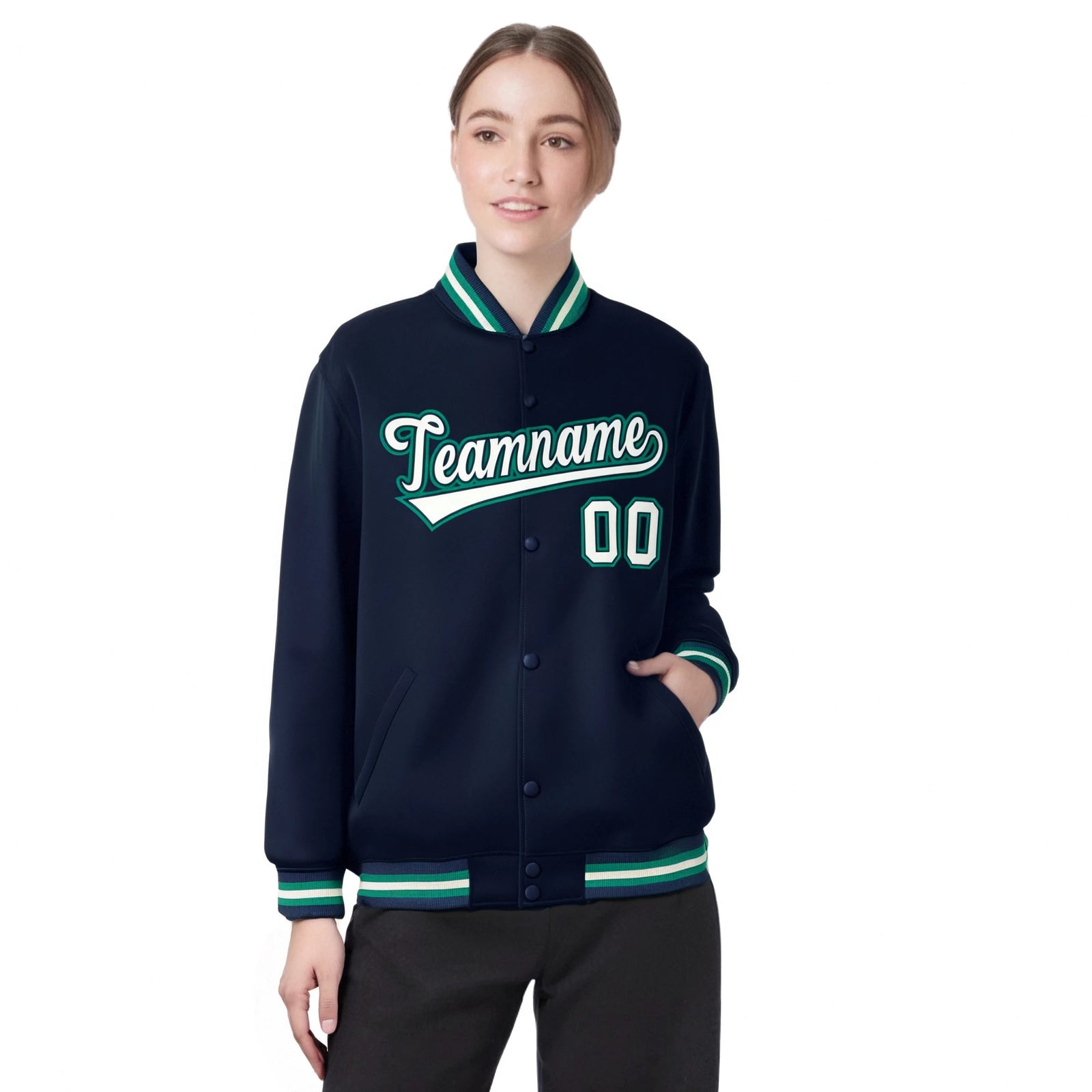 Custom Navy Gray-Aqua Bomber Full-Snap Varsity Letterman Jacket