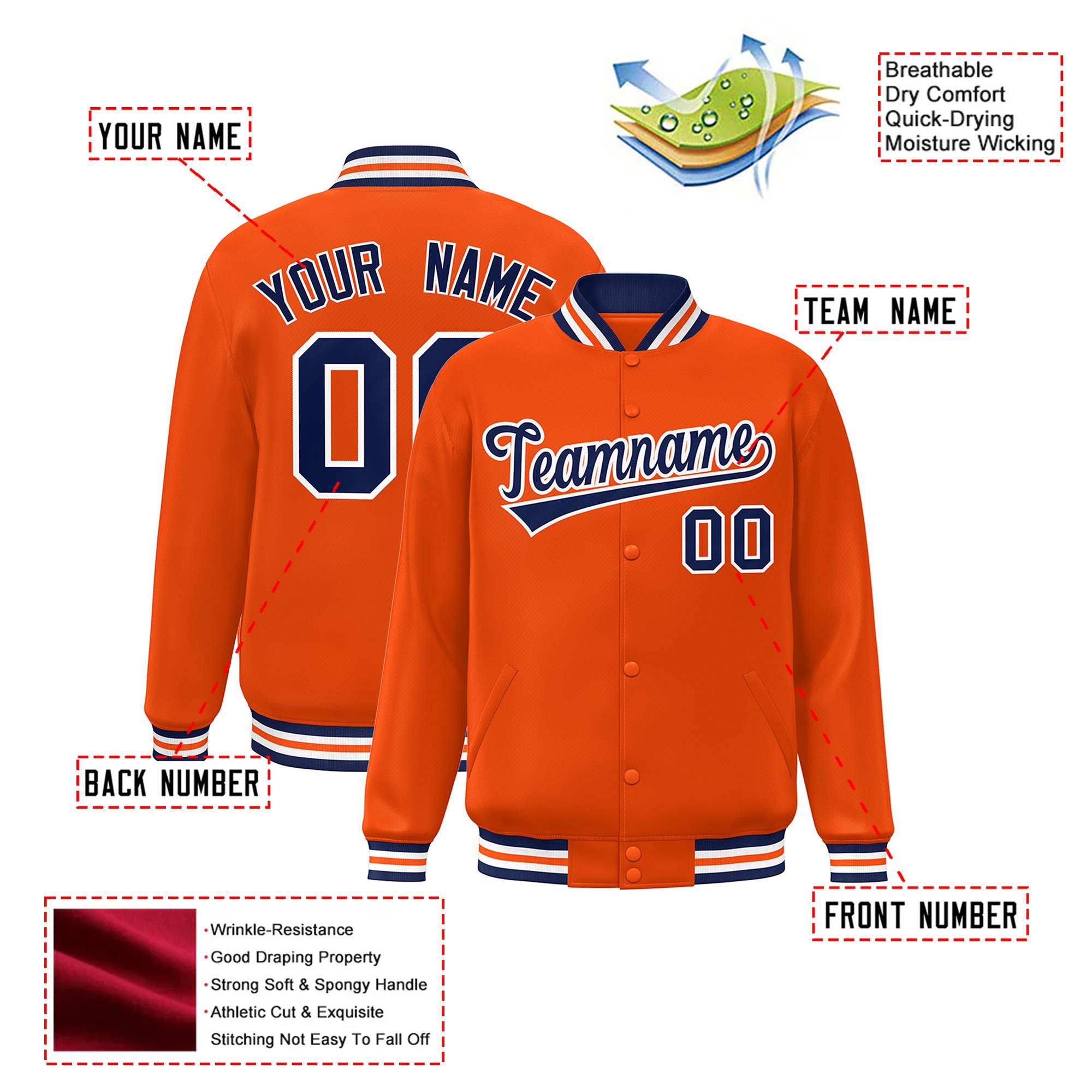 Custom Orange Navy-White Bomber Full-Snap Varsity Letterman Jacket