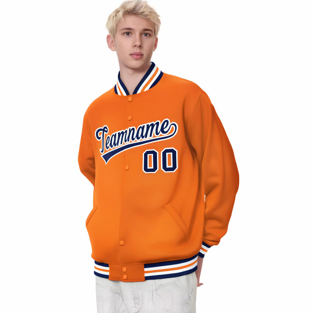 Custom Orange Navy-White Bomber Full-Snap Varsity Letterman Jacket