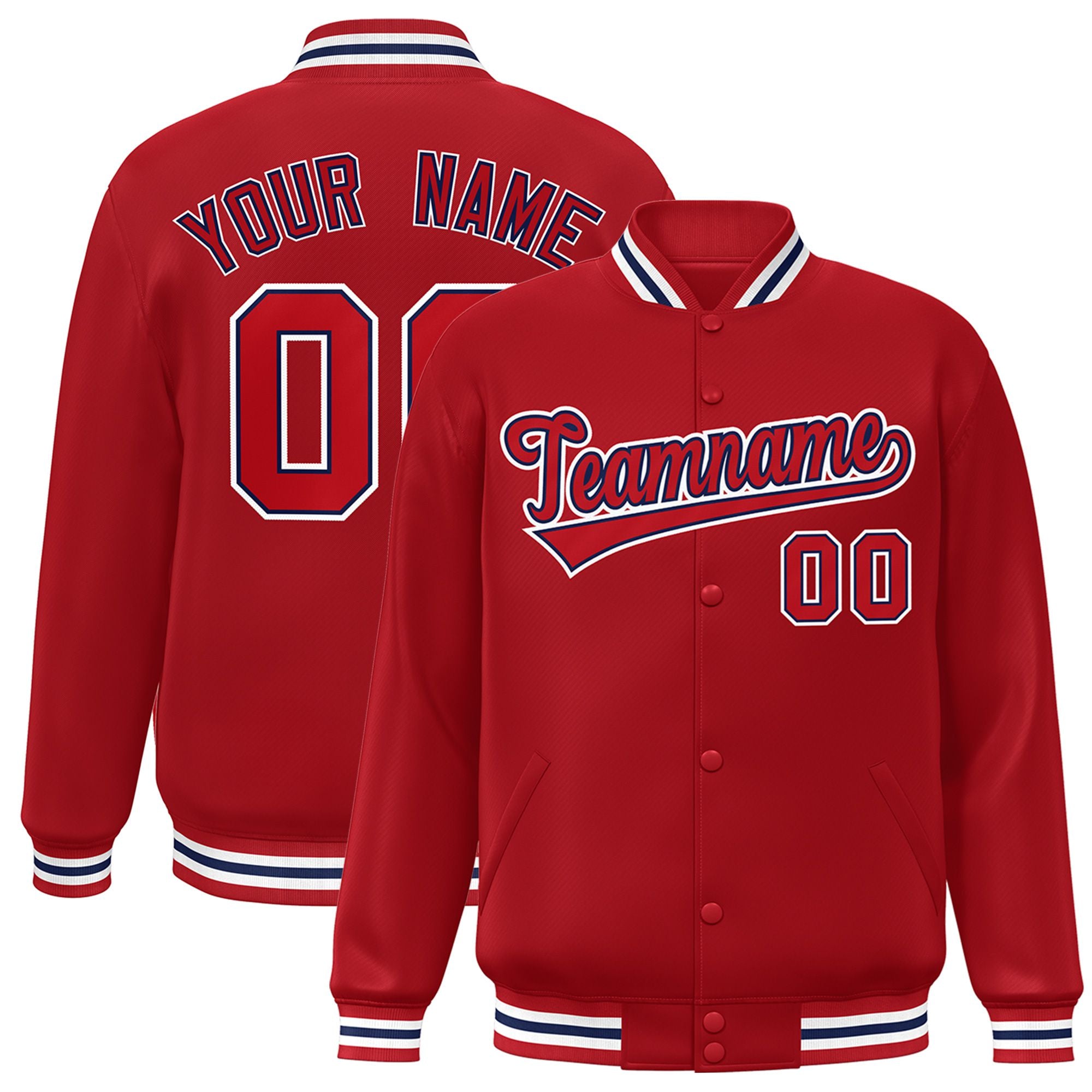 Custom Royal-Red White Bomber Full-Snap Varsity Letterman Jacket