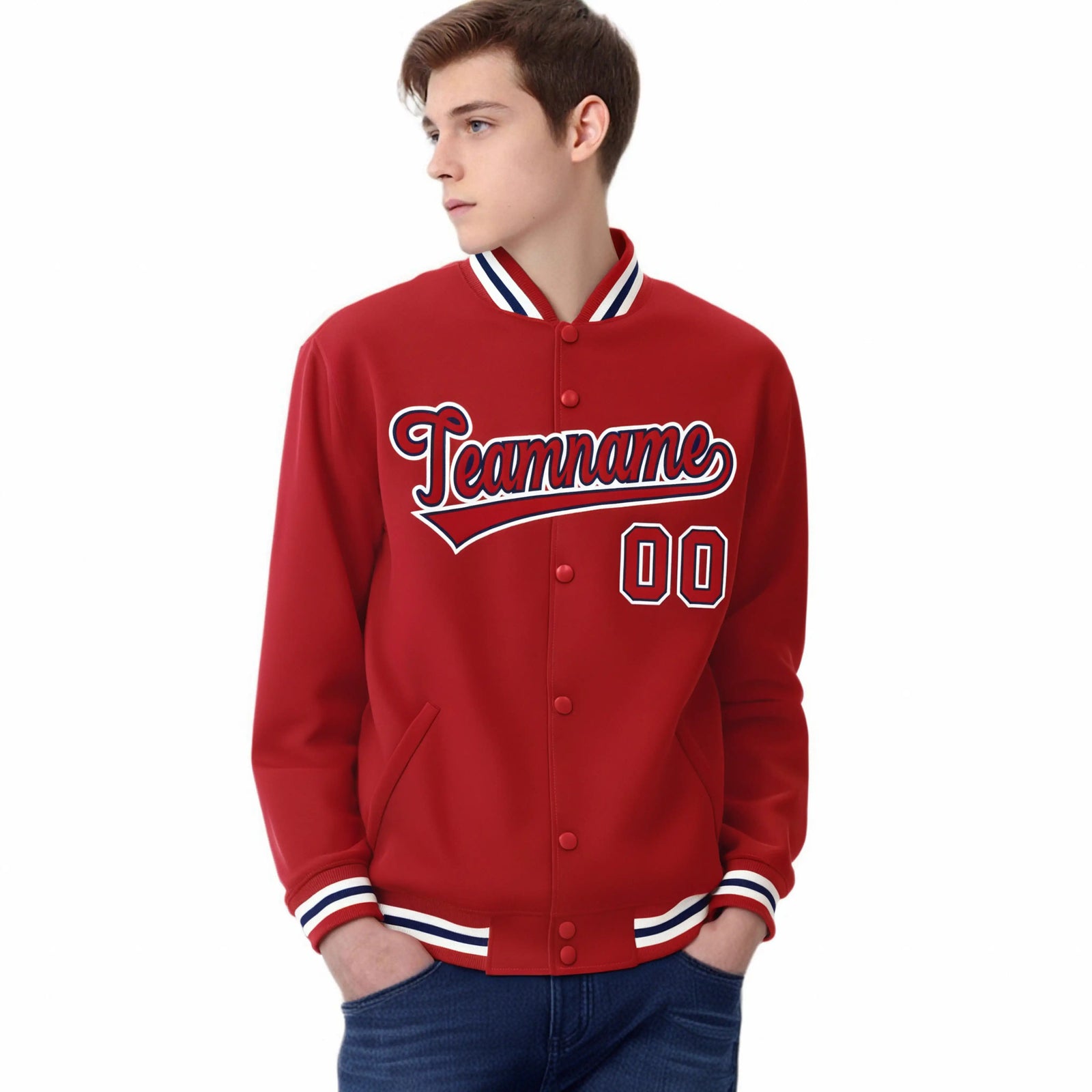 Custom Royal-Red White Bomber Full-Snap Varsity Letterman Jacket