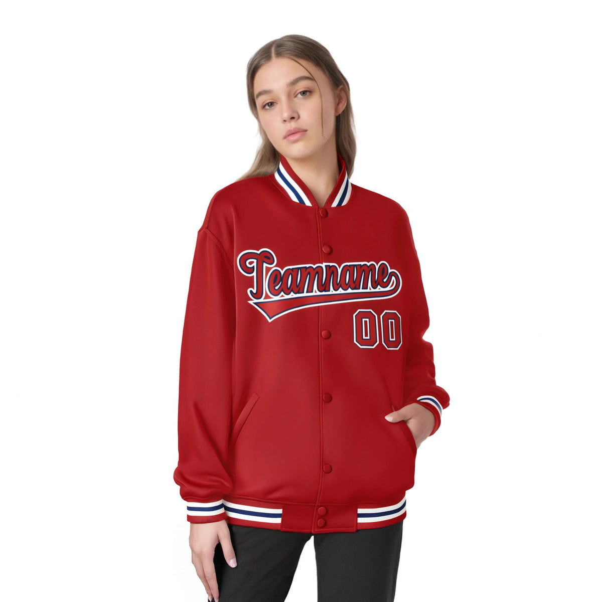 Custom Royal-Red White Bomber Full-Snap Varsity Letterman Jacket