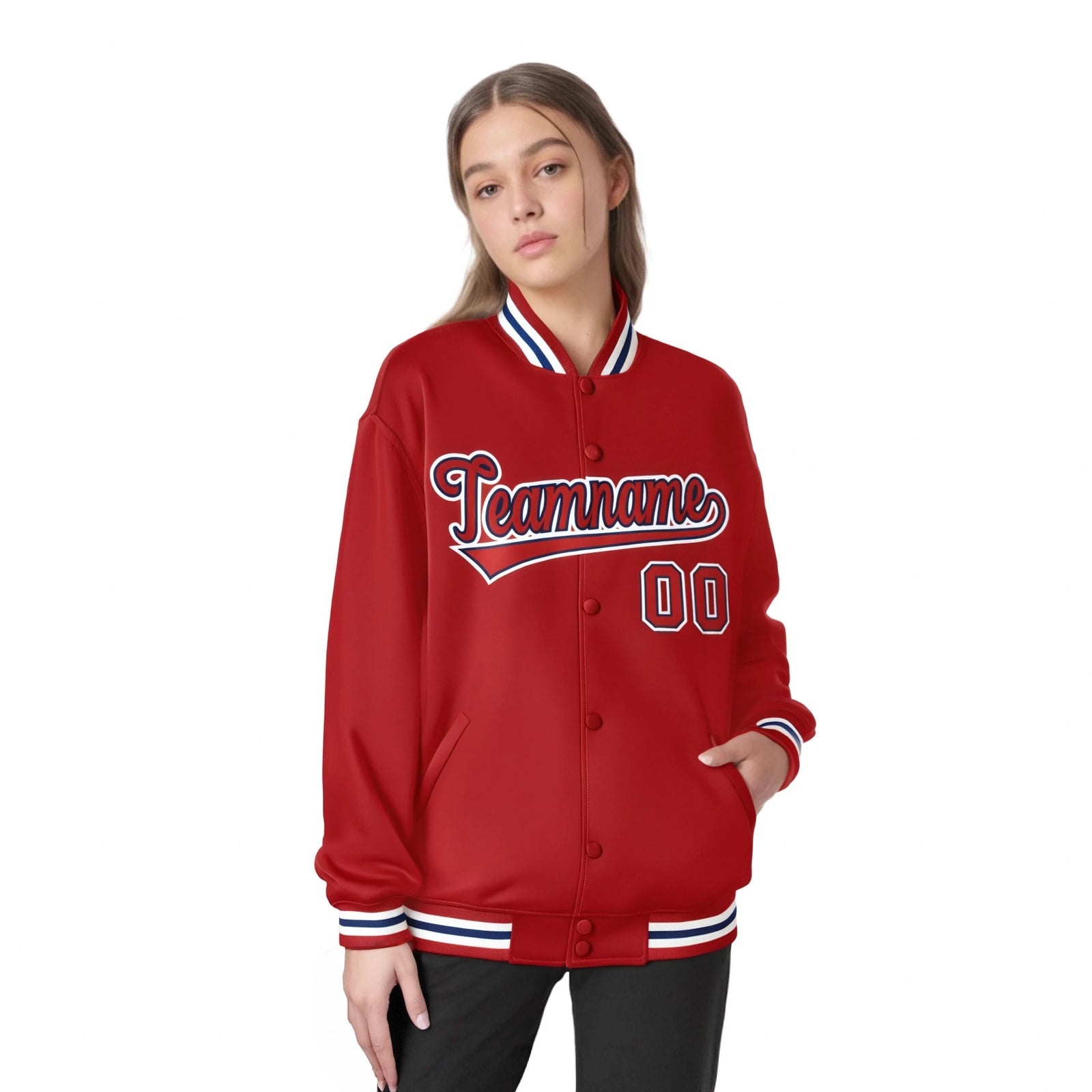 Custom Royal-Red White Bomber Full-Snap Varsity Letterman Jacket