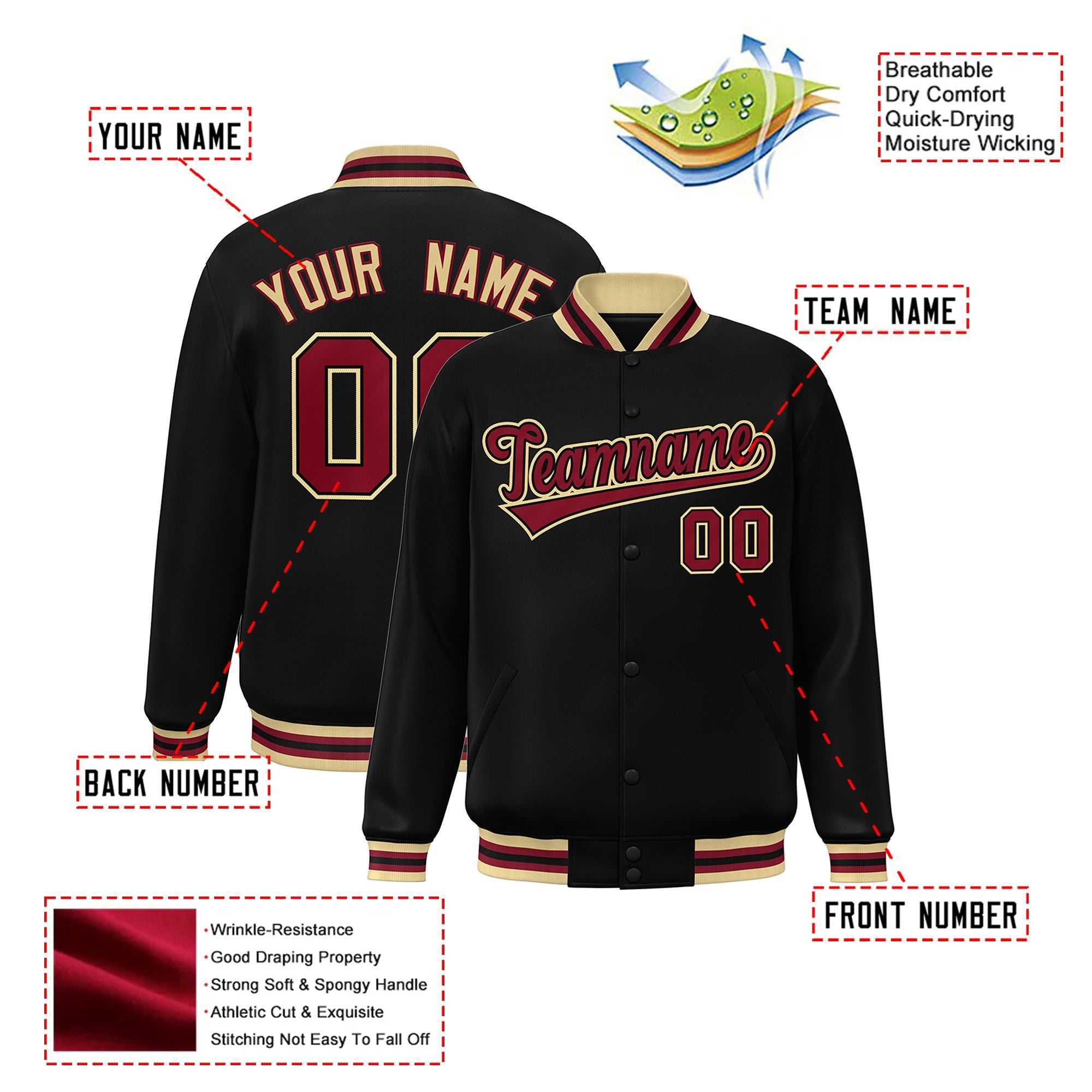 Custom Black Burgundy Old-Gold Bomber Full-Snap Varsity Letterman Jacket