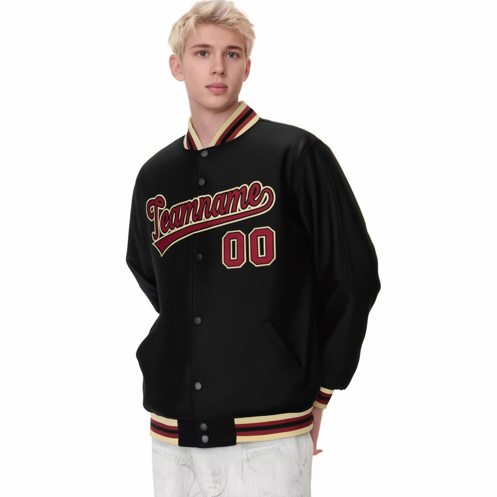 Custom Black Burgundy Old-Gold Bomber Full-Snap Varsity Letterman Jacket
