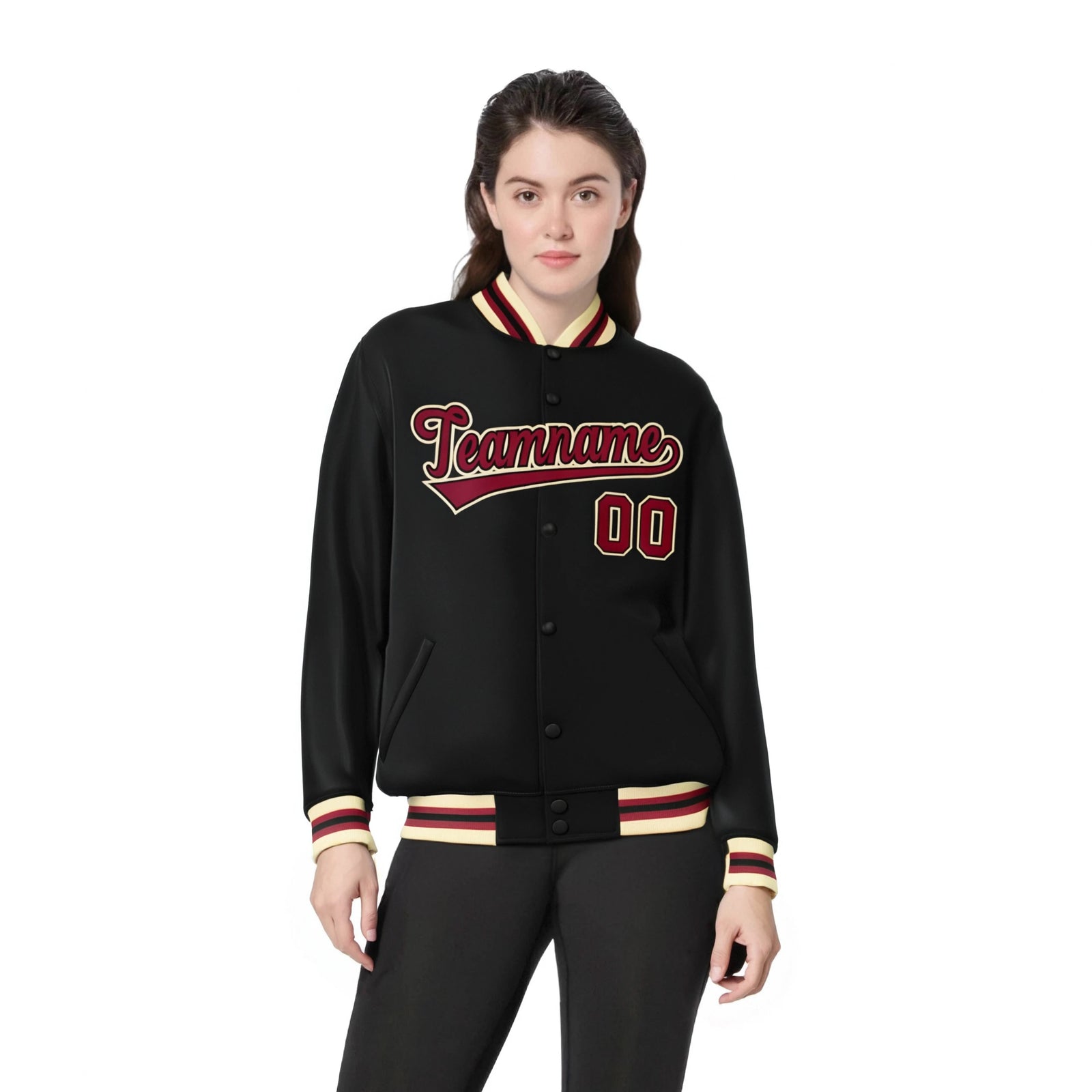 Custom Black Burgundy Old-Gold Bomber Full-Snap Varsity Letterman Jacket