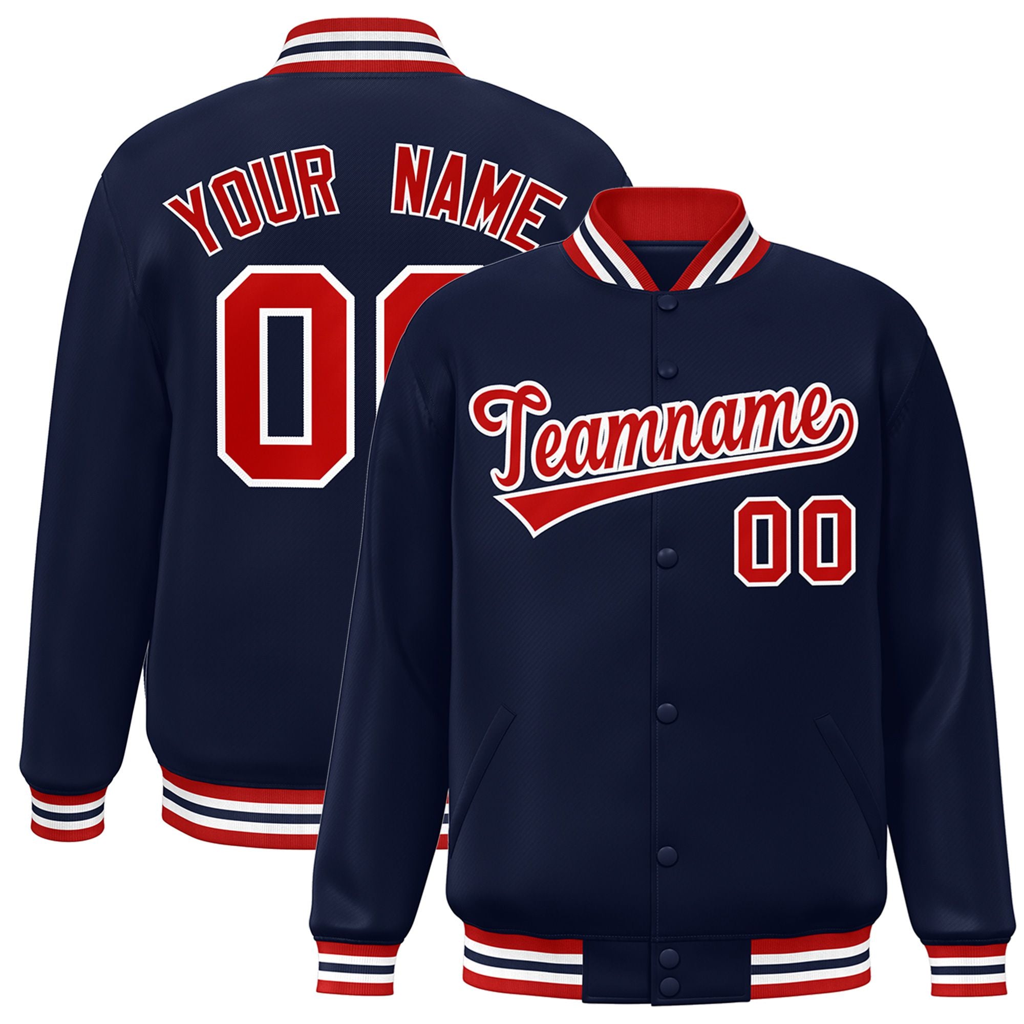 Custom Navy Red-White Bomber Full-Snap Varsity Letterman Jacket