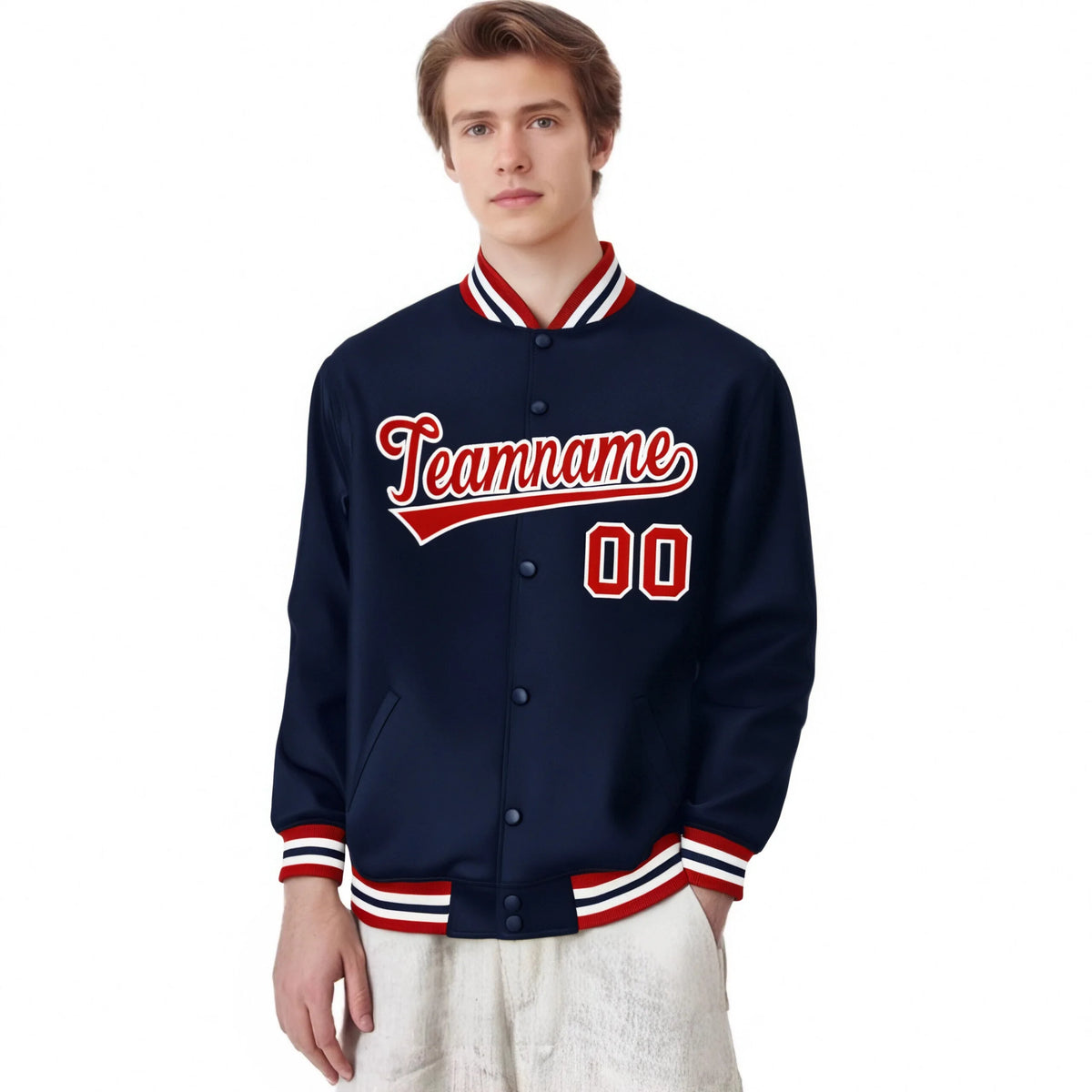 Chaqueta universitaria personalizada de estilo aviador, color rojo y blanco, con cierre de broche completo y estilo Letterman