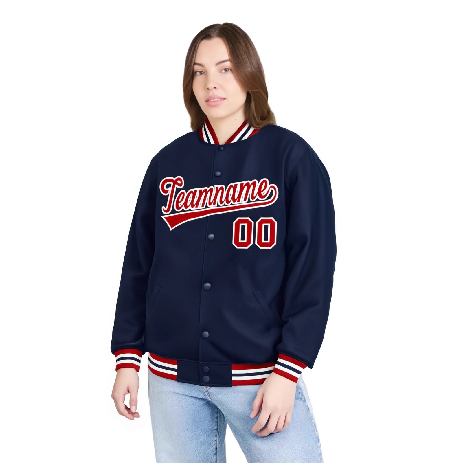 Custom Navy Red-White Bomber Full-Snap Varsity Letterman Jacket