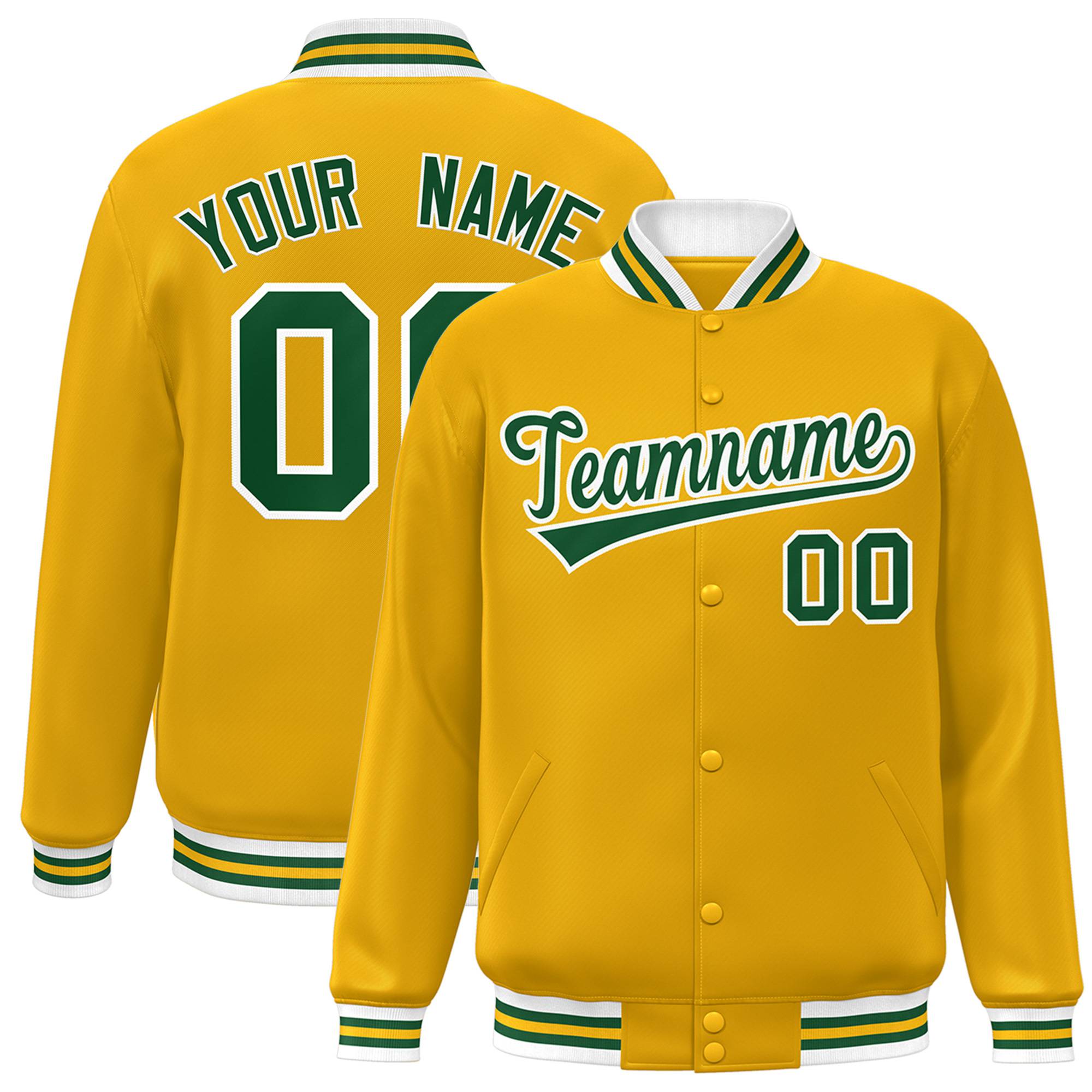 Custom Yellow Green-White Bomber Full-Snap Varsity Letterman Jacket