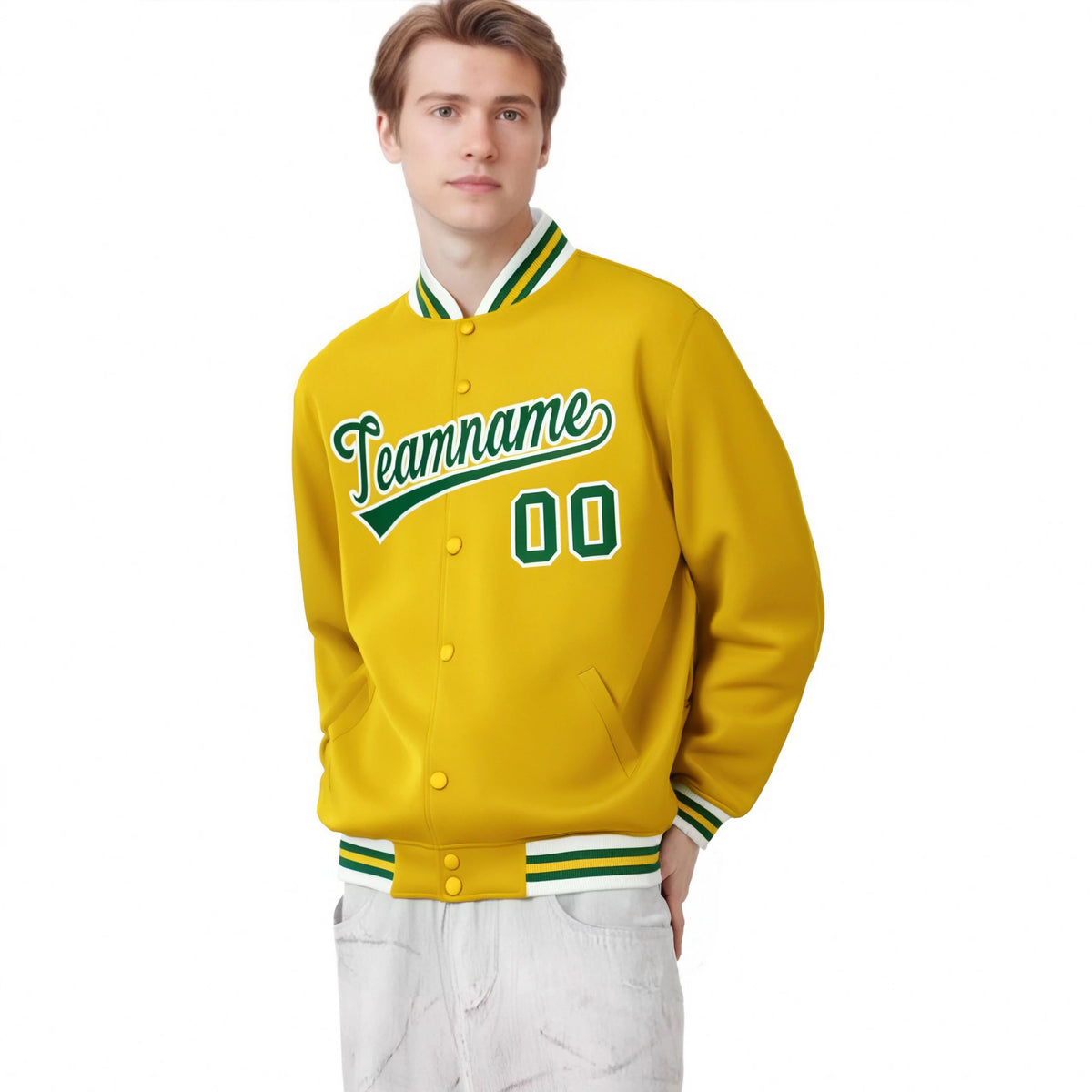 Custom Yellow Green-White Bomber Full-Snap Varsity Letterman Jacket