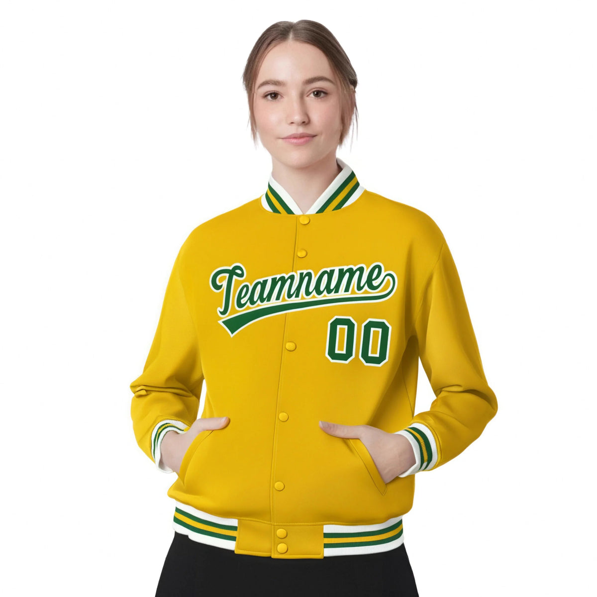 Custom Yellow Green-White Bomber Full-Snap Varsity Letterman Jacket
