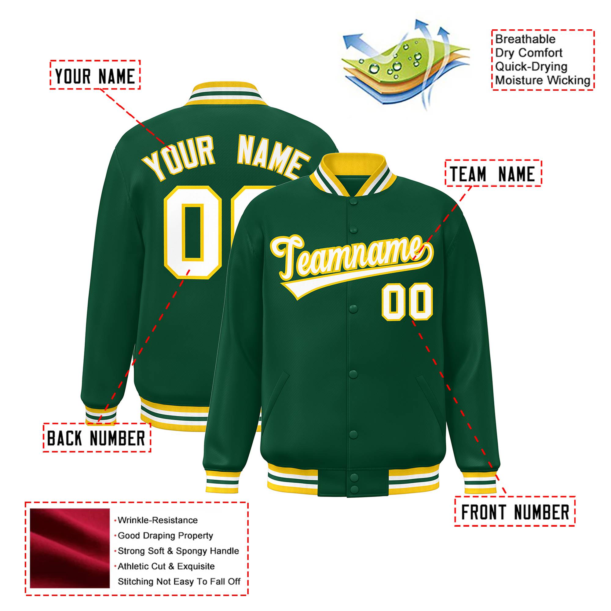 Custom Kelly Green White-Yellow Bomber Full-Snap Varsity Letterman Jacket