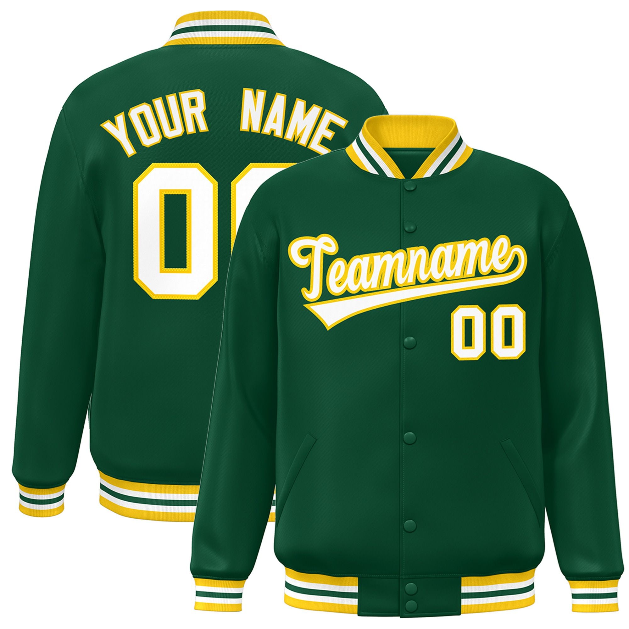 Custom Kelly Green White-Yellow Bomber Full-Snap Varsity Letterman Jacket