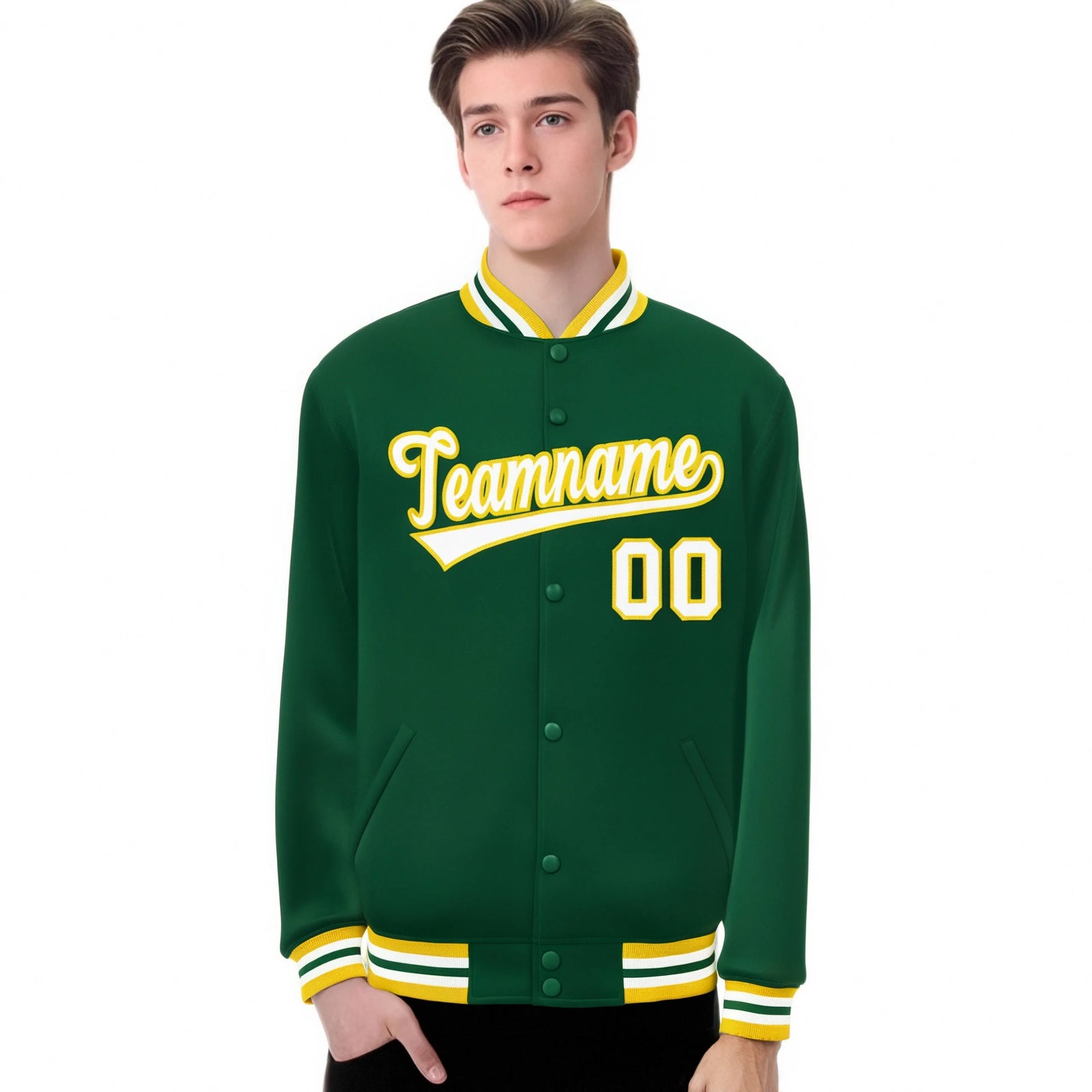 Custom Kelly Green White-Yellow Bomber Full-Snap Varsity Letterman Jacket