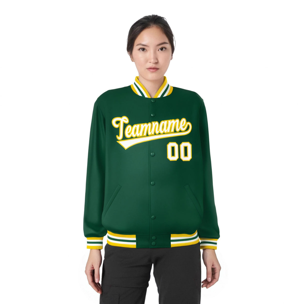 Custom Kelly Green White-Yellow Bomber Full-Snap Varsity Letterman Jacket
