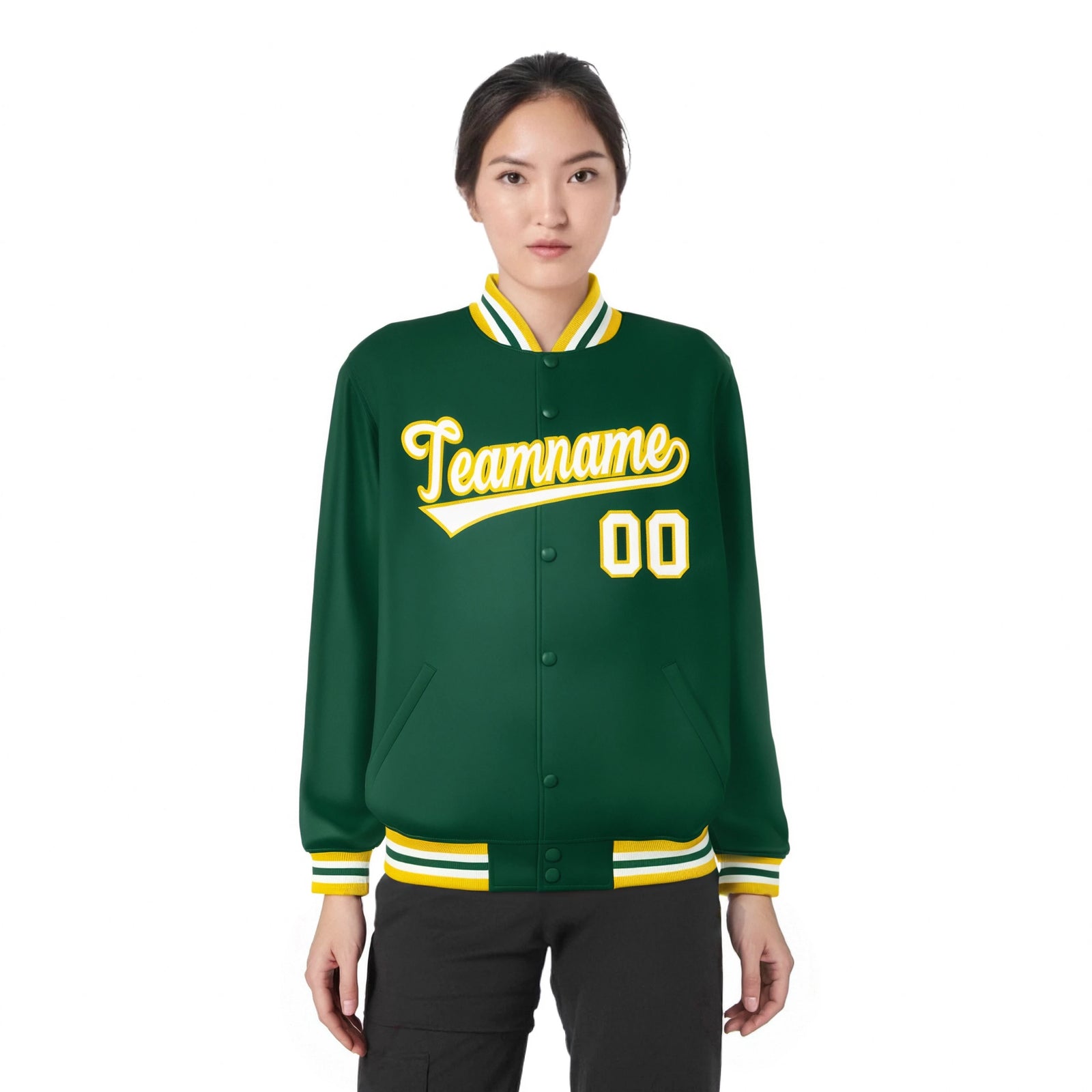 Custom Kelly Green White-Yellow Bomber Full-Snap Varsity Letterman Jacket