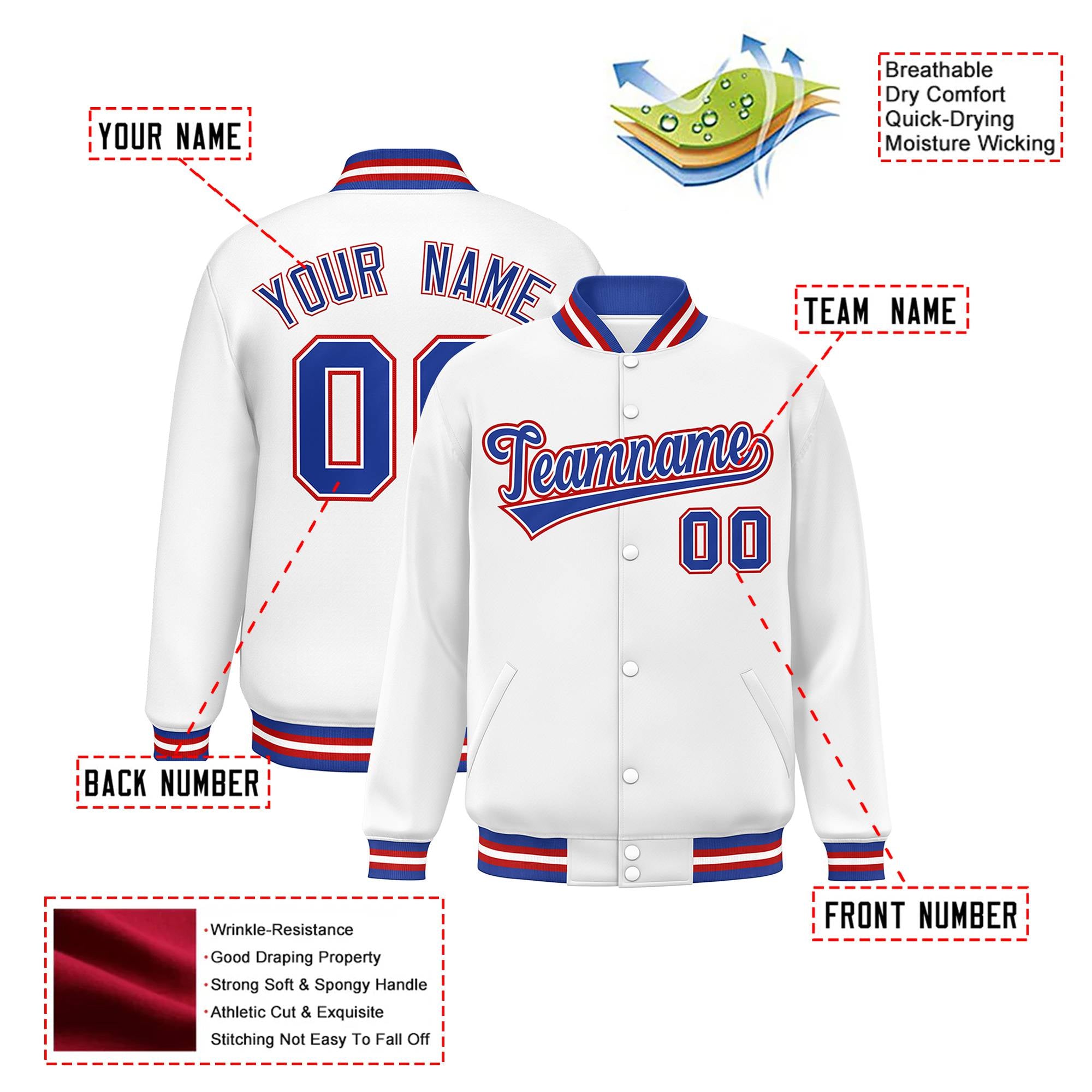 Custom White Thunder-Blue Red Bomber Full-Snap Varsity Letterman Jacket