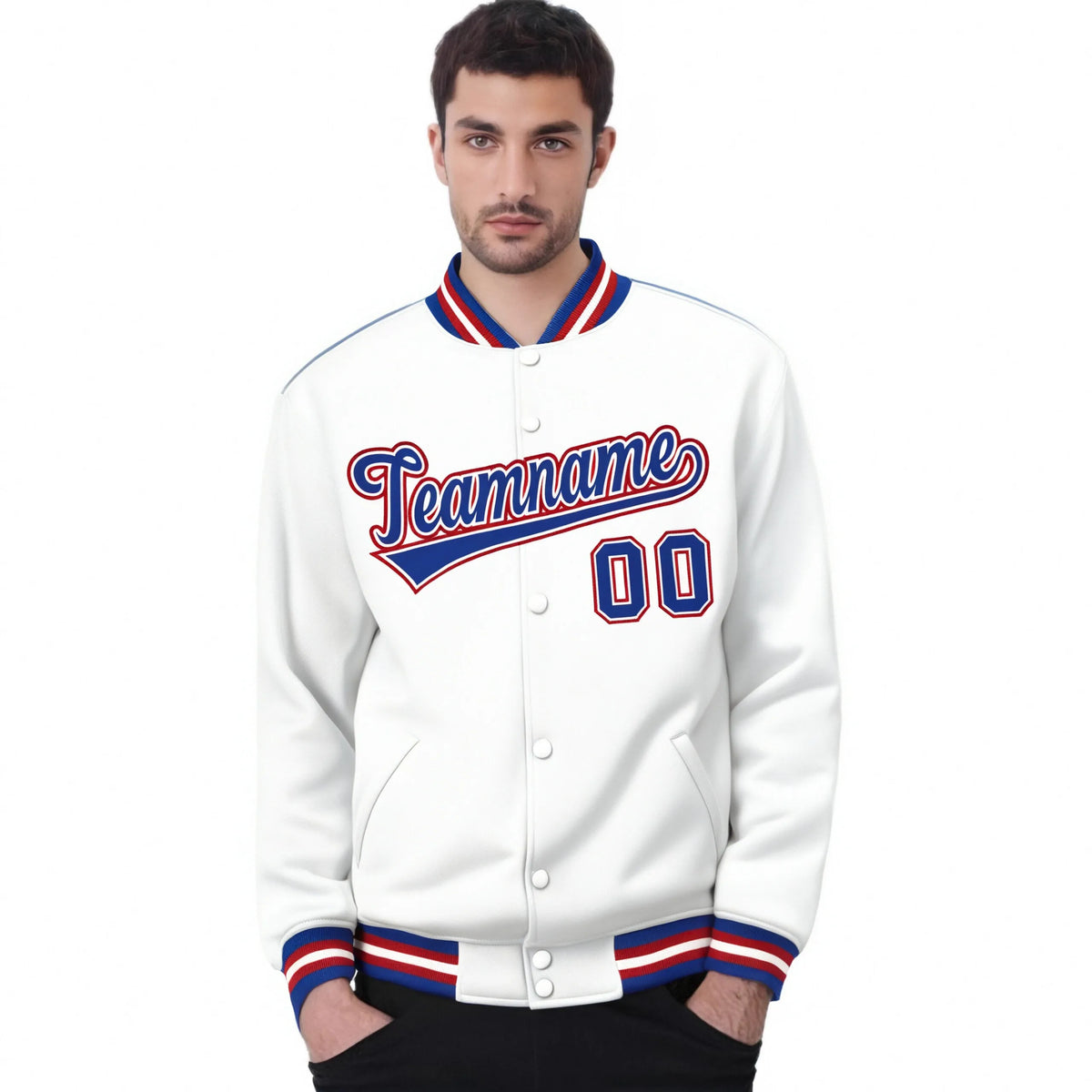 Custom White Thunder-Blue Red Bomber Full-Snap Varsity Letterman Jacket