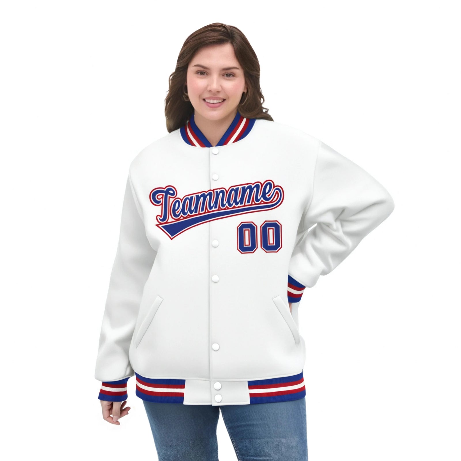 Custom White Thunder-Blue Red Bomber Full-Snap Varsity Letterman Jacket