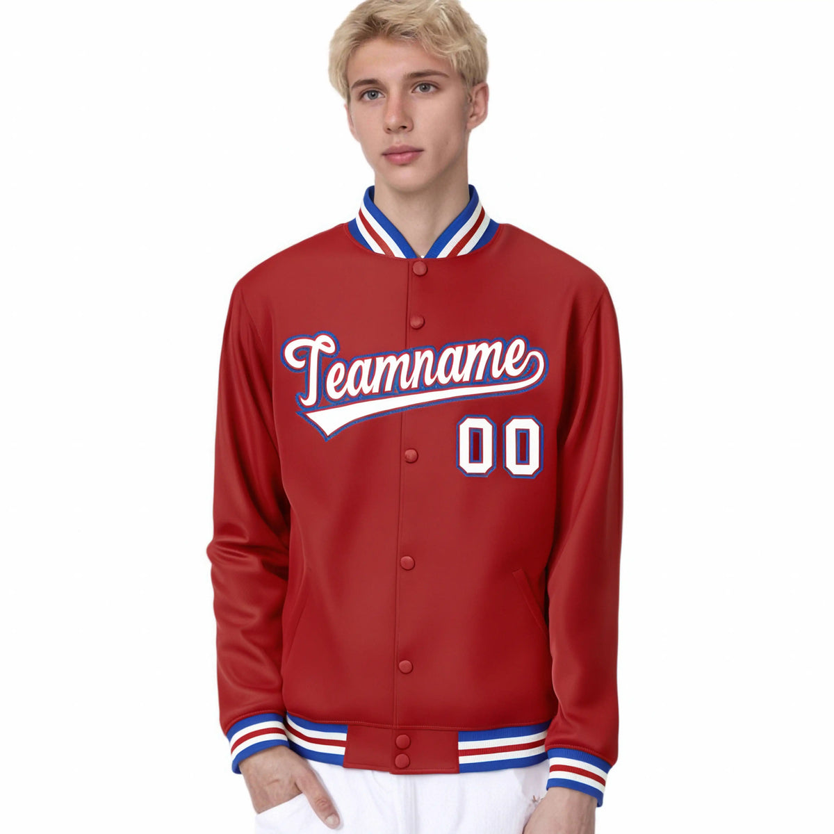 Custom Royal Red White-Blue Bomber Full-Snap Varsity Letterman Jacket