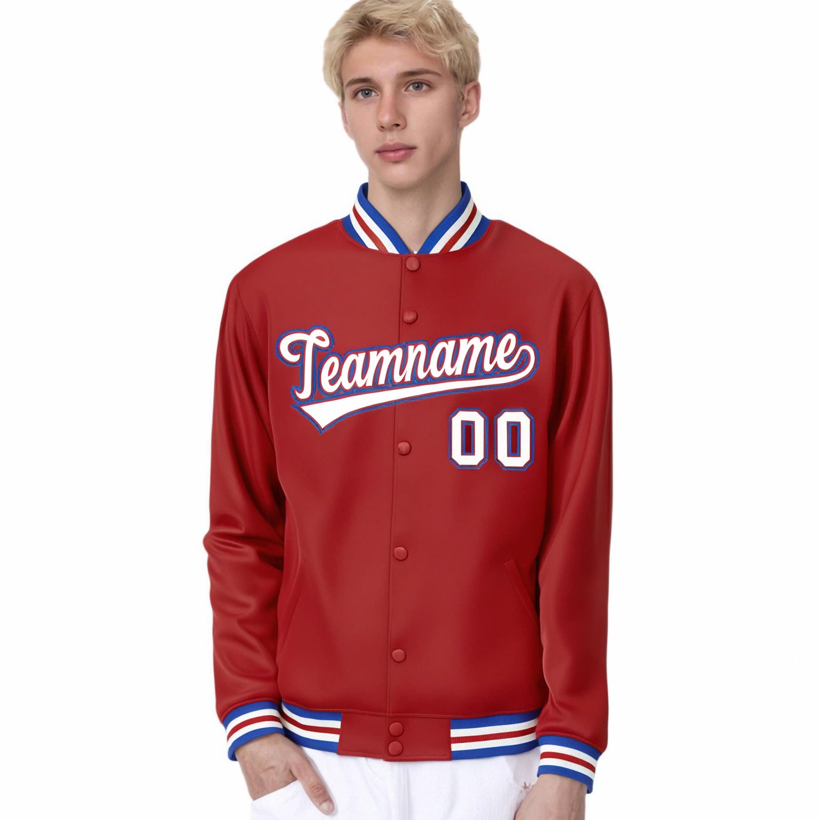 Custom Royal Red White-Blue Bomber Full-Snap Varsity Letterman Jacket