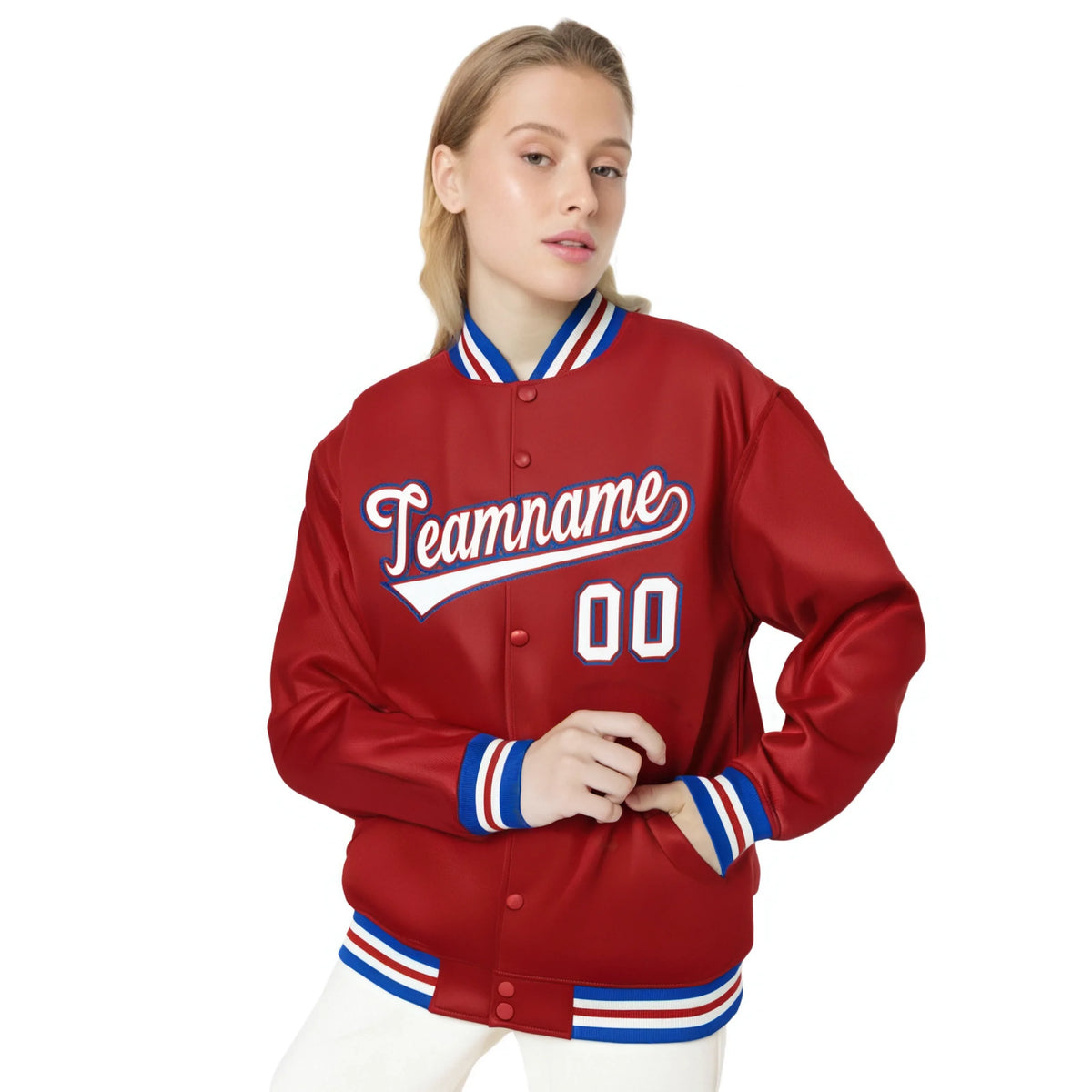 Custom Royal Red White-Blue Bomber Full-Snap Varsity Letterman Jacket
