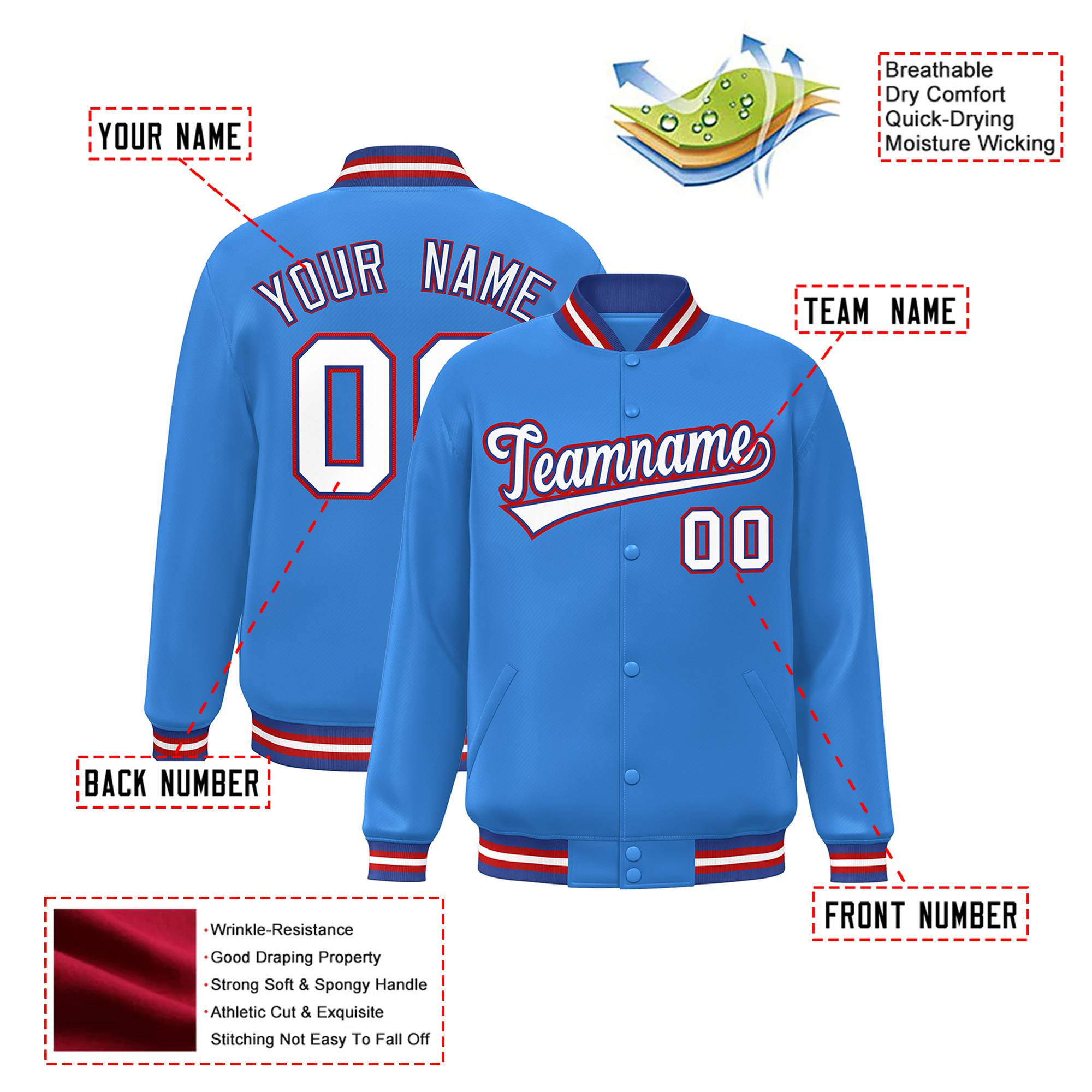 Custom Light Blue White-Red Bomber Full-Snap Varsity Letterman Jacket