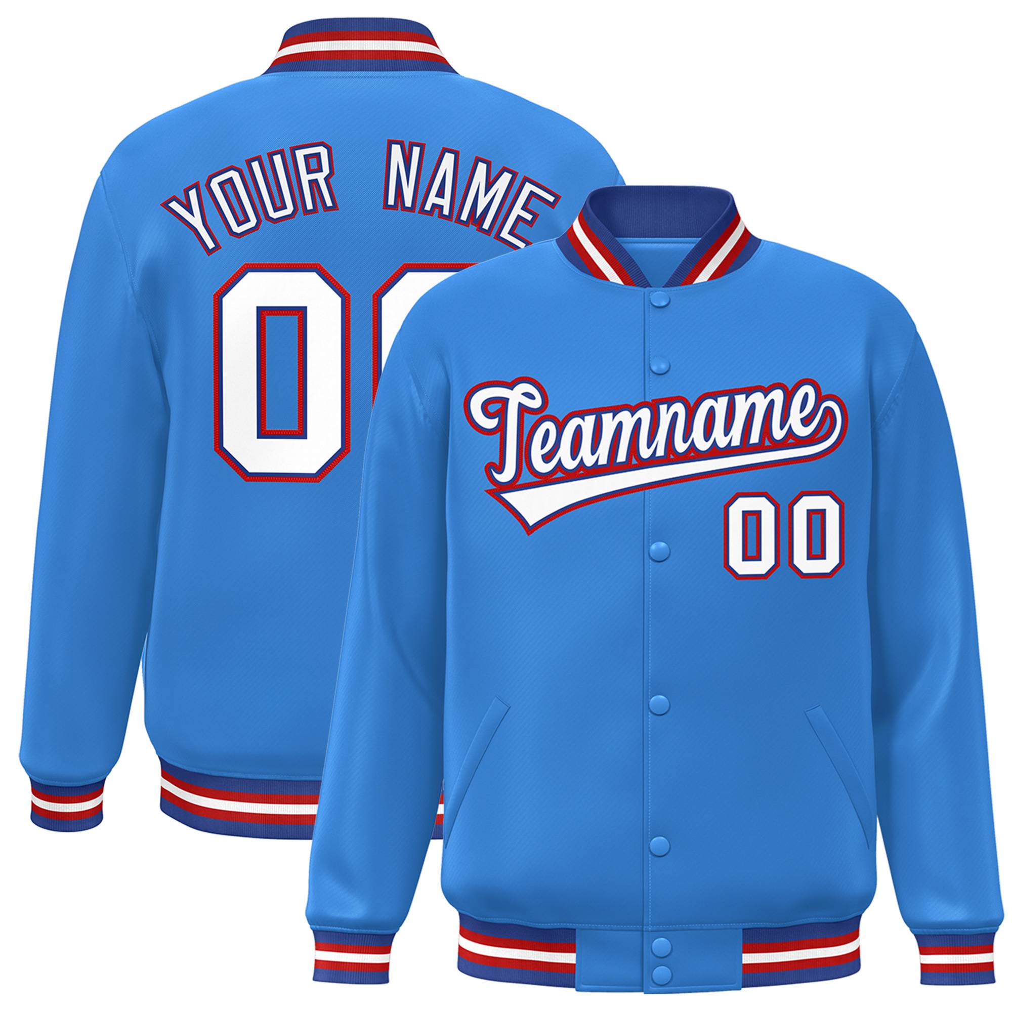 Custom Light Blue White-Red Bomber Full-Snap Varsity Letterman Jacket