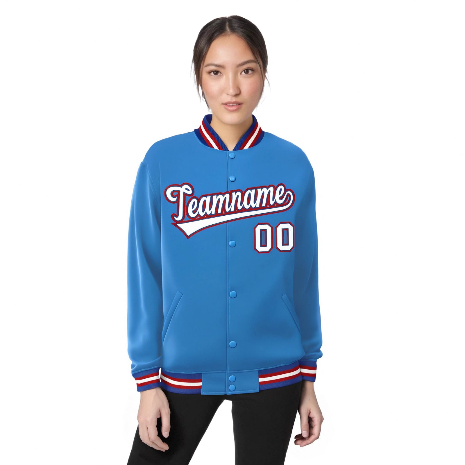Custom Light Blue White-Red Bomber Full-Snap Varsity Letterman Jacket