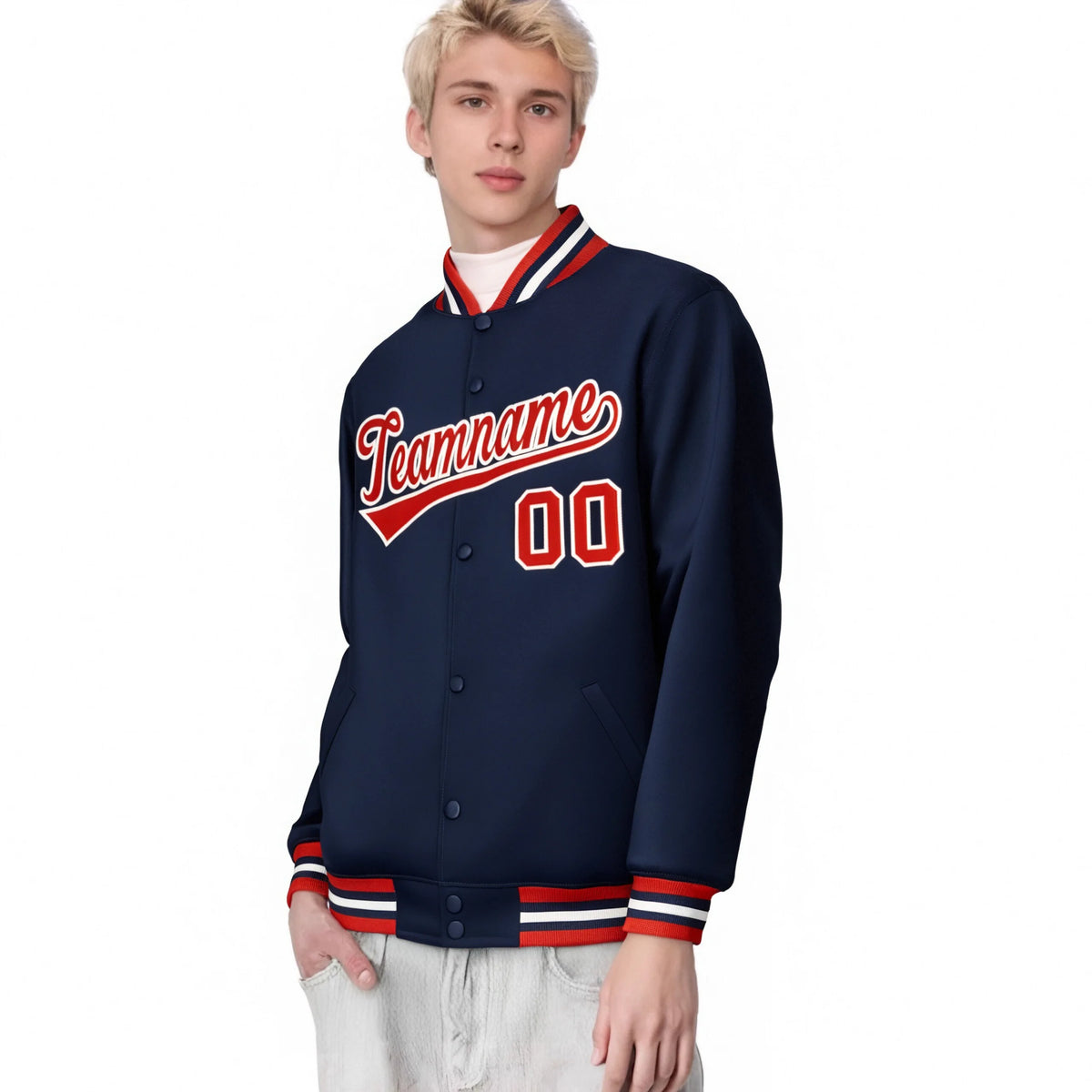 Custom Navy Red-White Bomber Full-Snap Varsity Letterman Jacket