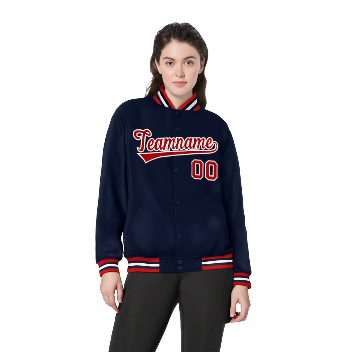 Custom Navy Red-White Bomber Full-Snap Varsity Letterman Jacket