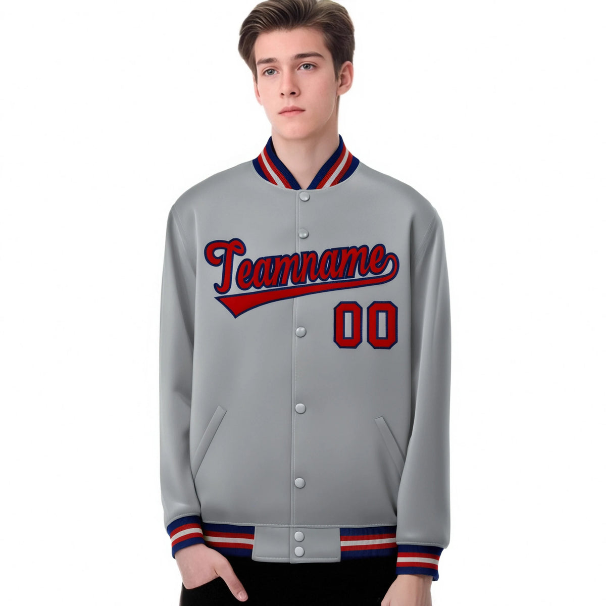 Custom Gray Red-Navy Bomber Full-Snap Varsity Letterman Jacket