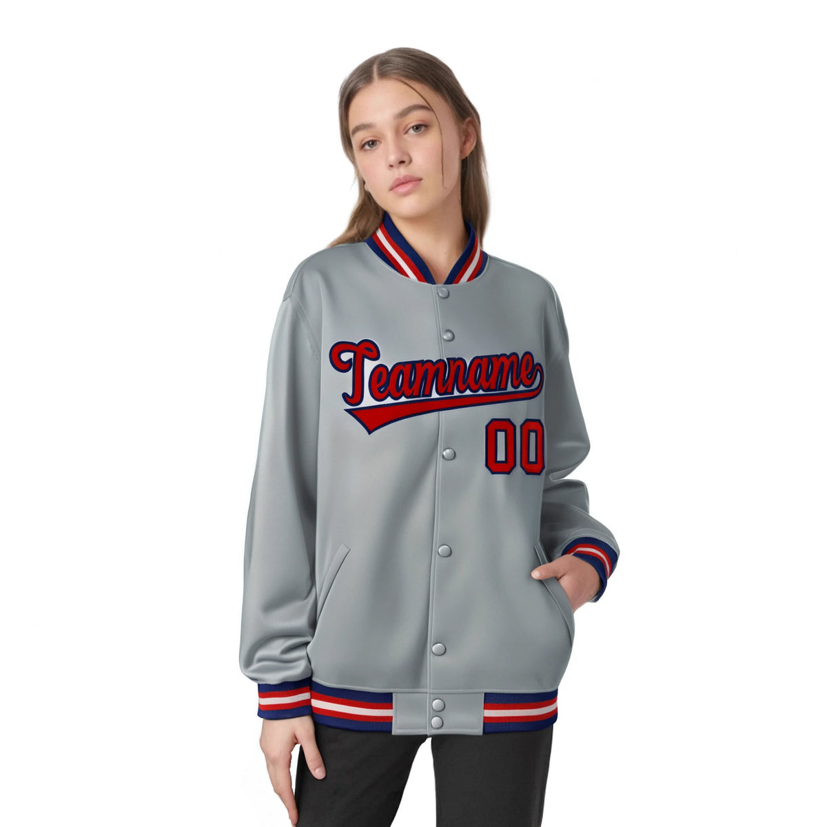 Custom Gray Red-Navy Bomber Full-Snap Varsity Letterman Jacket
