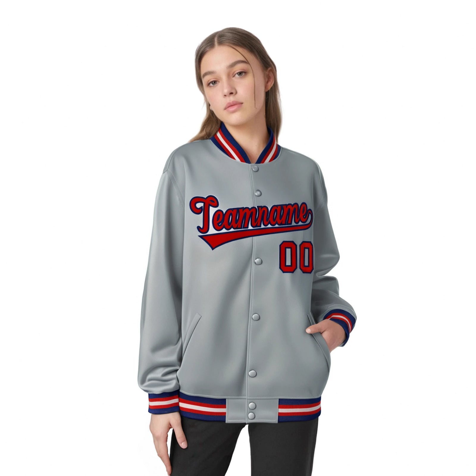 Custom Gray Red-Navy Bomber Full-Snap Varsity Letterman Jacket