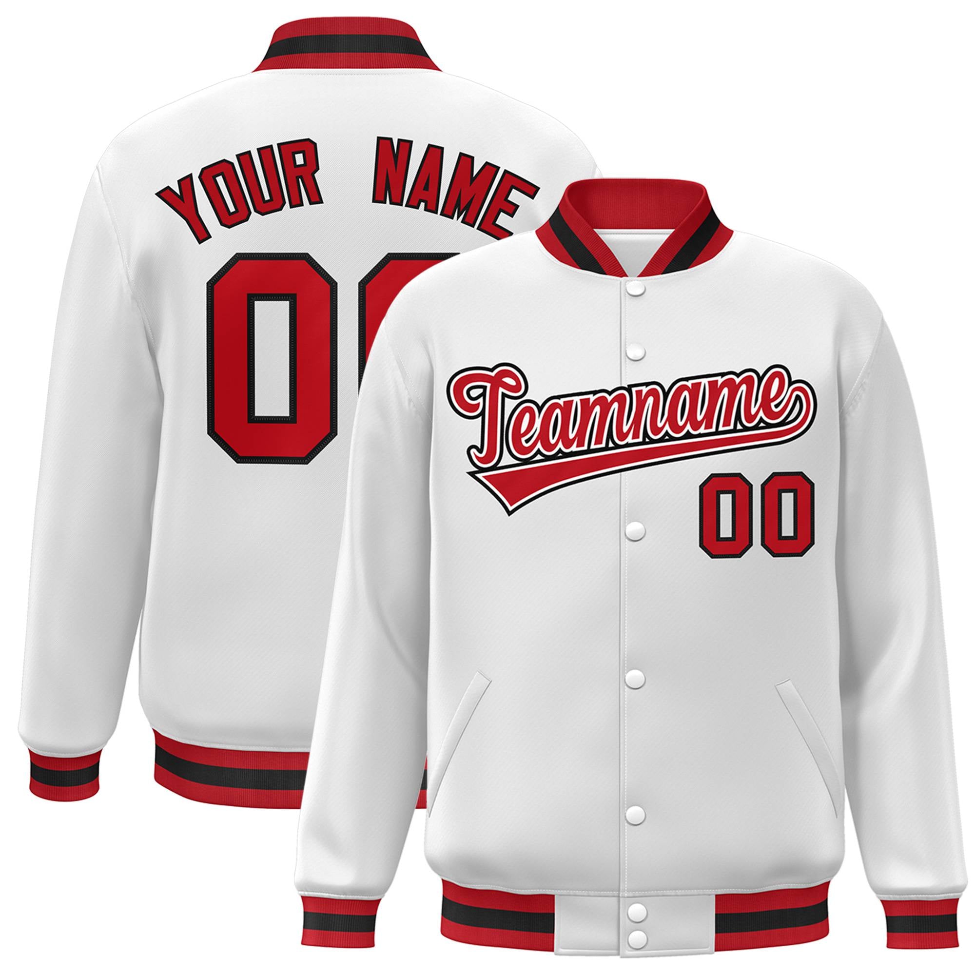 Custom White Royal-Red Black Bomber Full-Snap Varsity Letterman Jacket