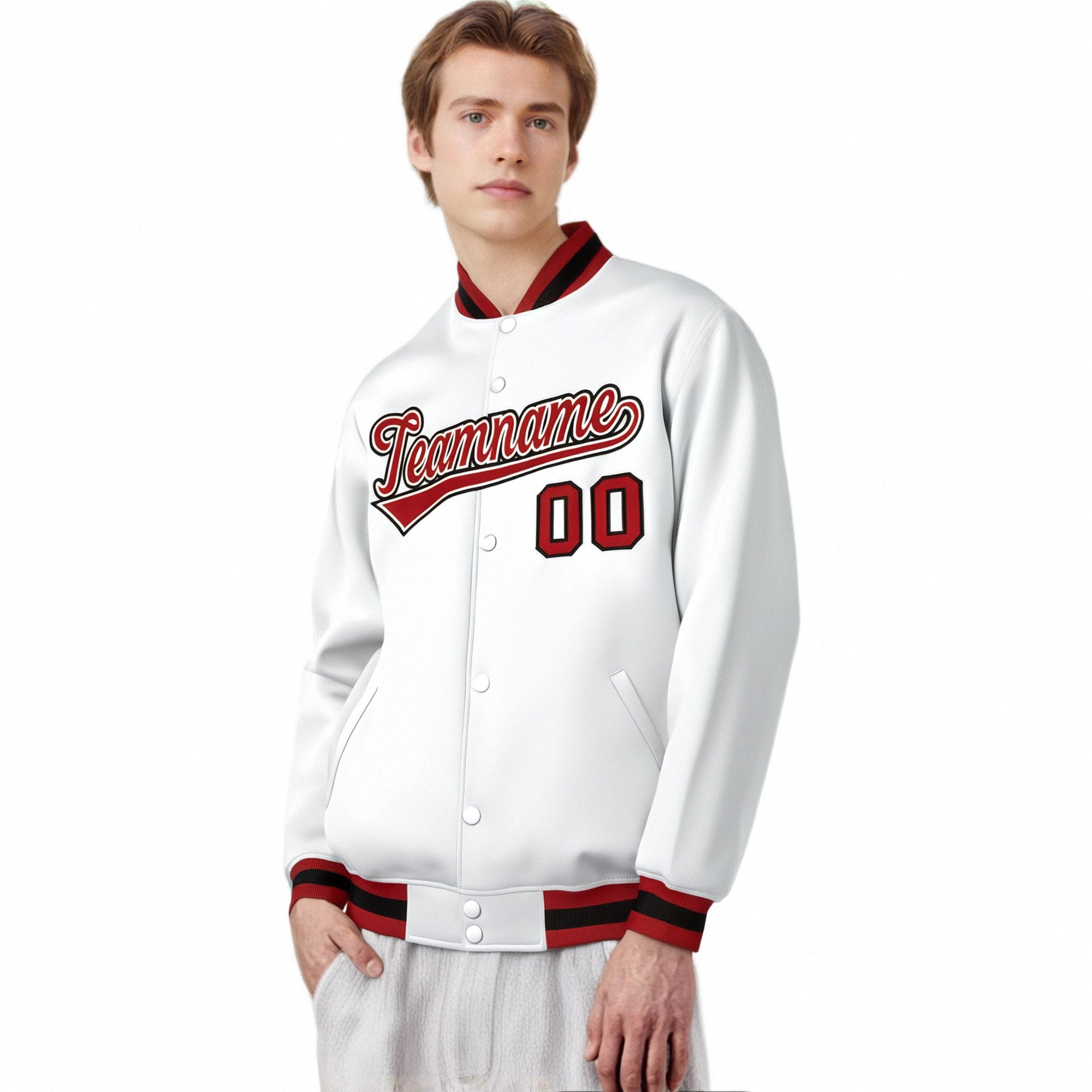 Custom White Royal-Red Black Bomber Full-Snap Varsity Letterman Jacket