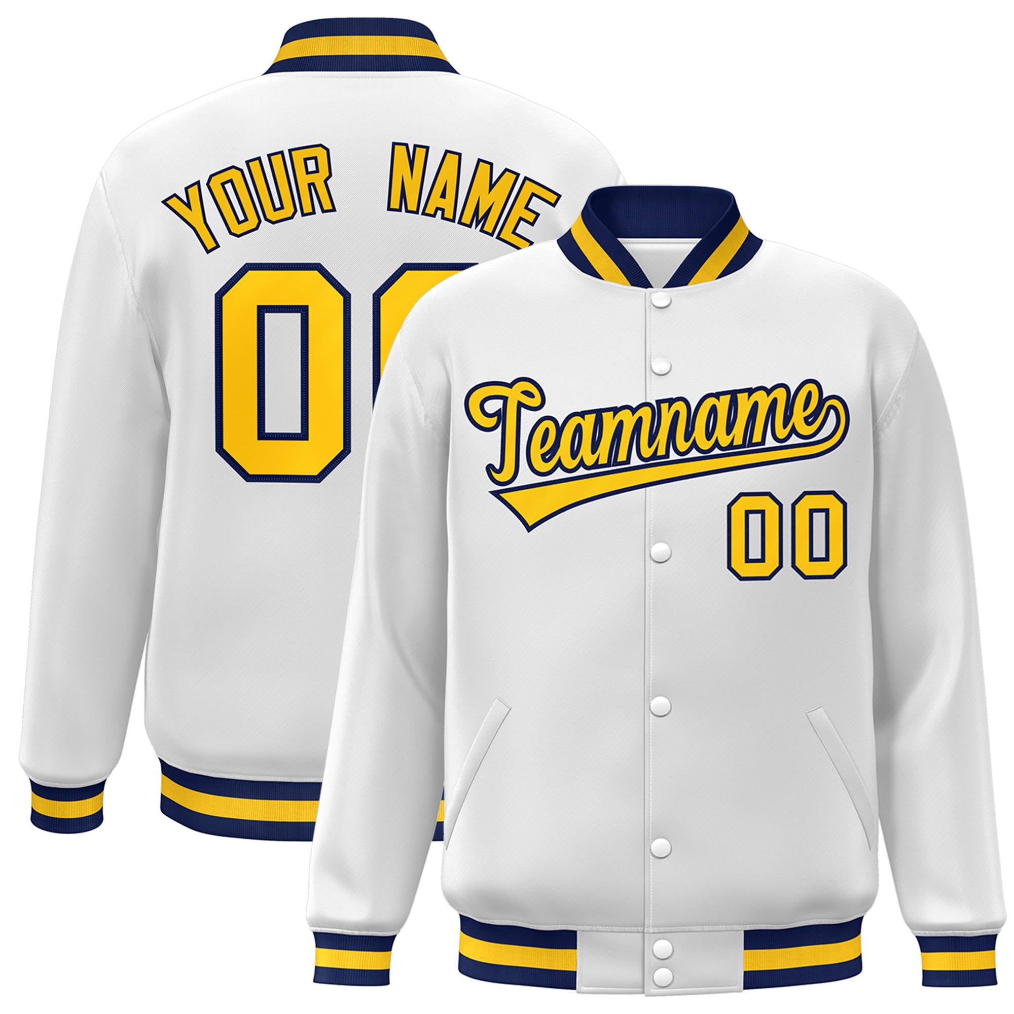 Custom White Yellow-Navy Bomber Full-Snap Varsity Letterman Jacket